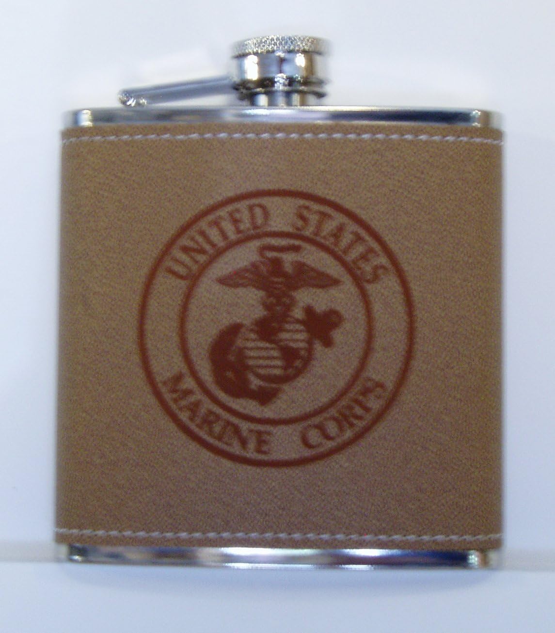 United States Marine Corps Leather Covered Stainless Steel 6 oz Flask with a Stainless Steel Funnel in a Black Presentation Box