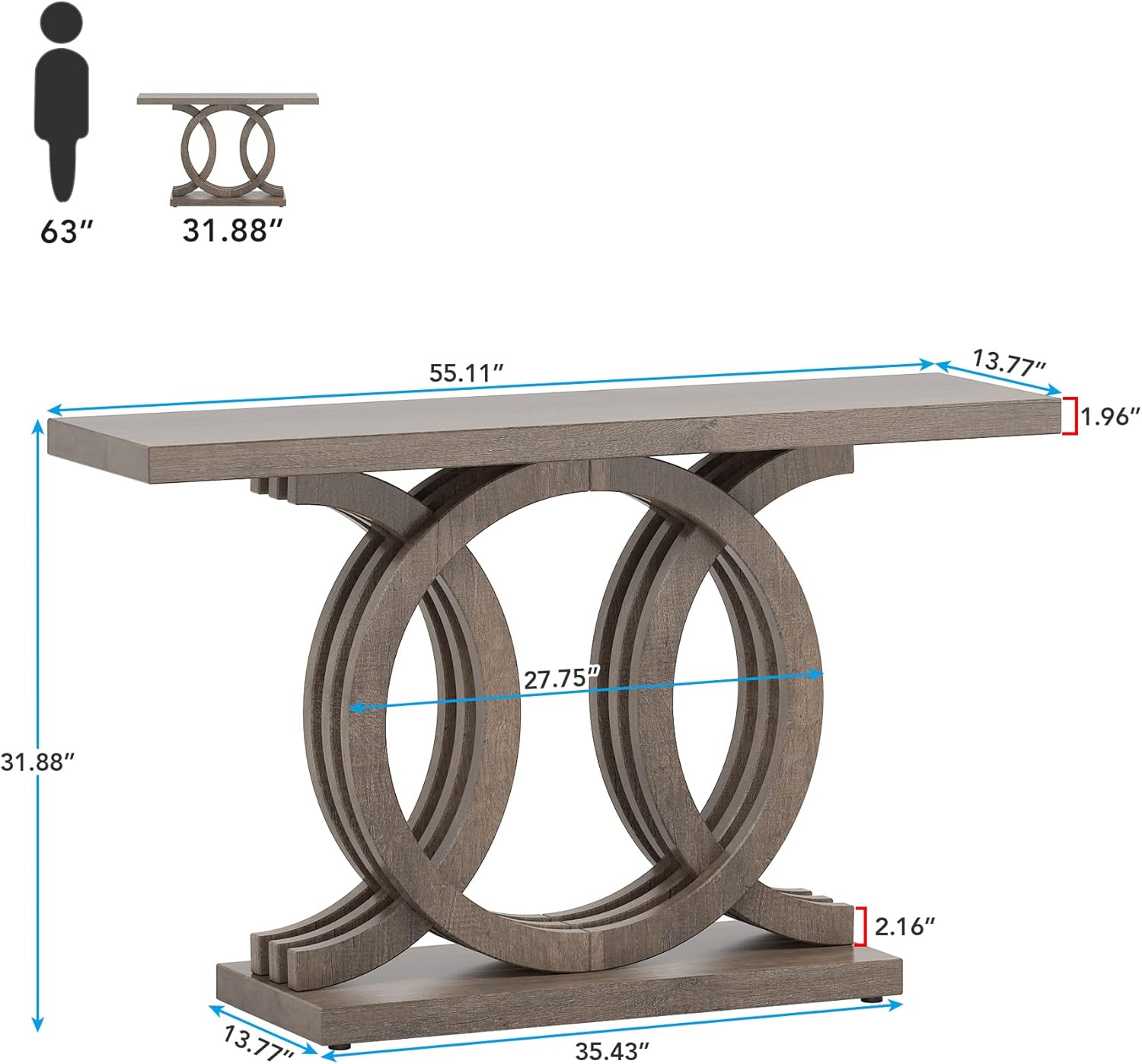 LITTLE TREE Entryway Console Table, Farmhouse Wood 55 inches Hallway Table with Geometric Base, Vintage Long Narrow Sofa Table for Living Room - Brown - Image 3