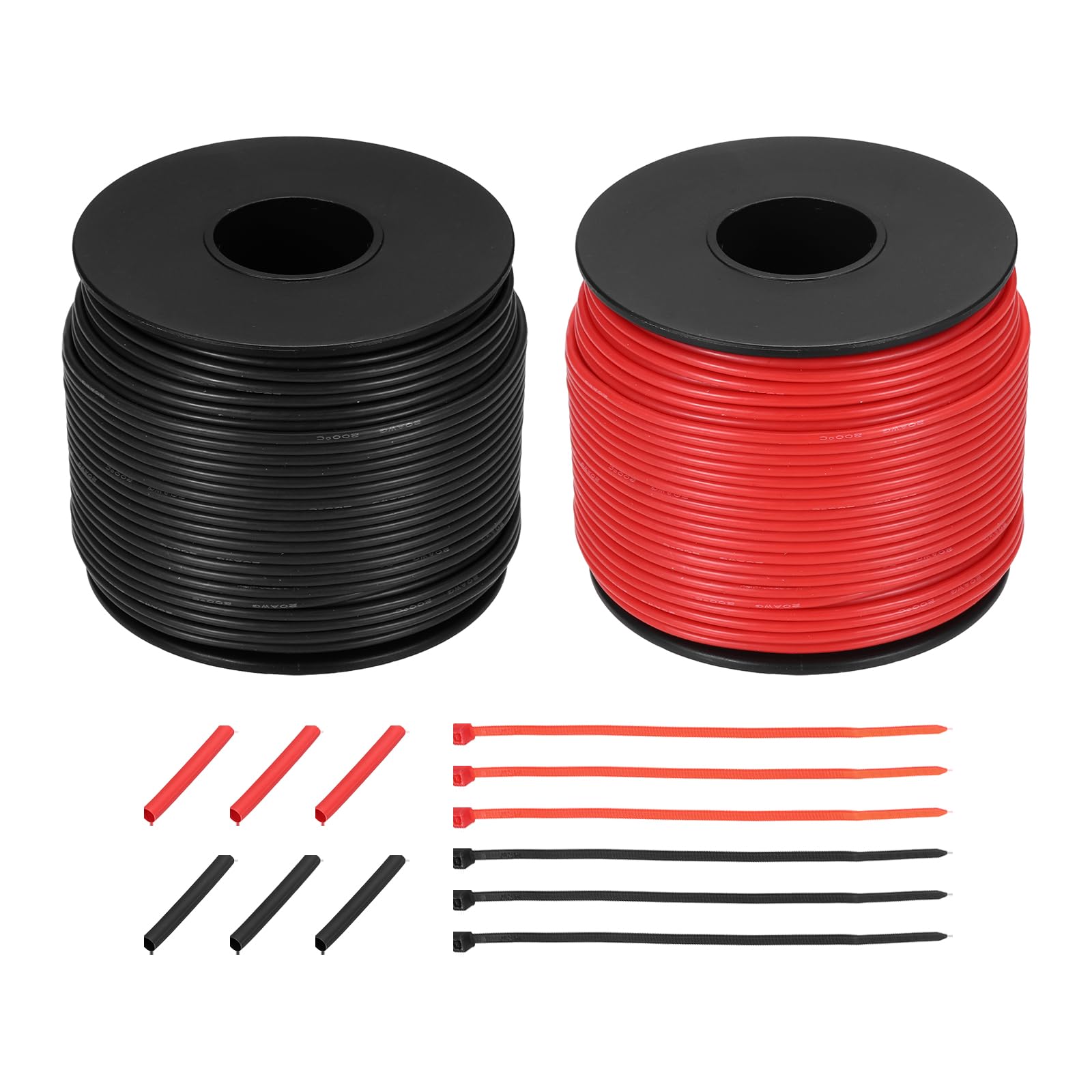 sourcing map 2pcs 20 AWG Silicone Electrical Wire Spool, 20 Gauge 61m/200ft Tinned Copper Electrical Wires with Heat Shrink Tubing & Cable Ties for Automotive, RV Inverter - Red & Black
