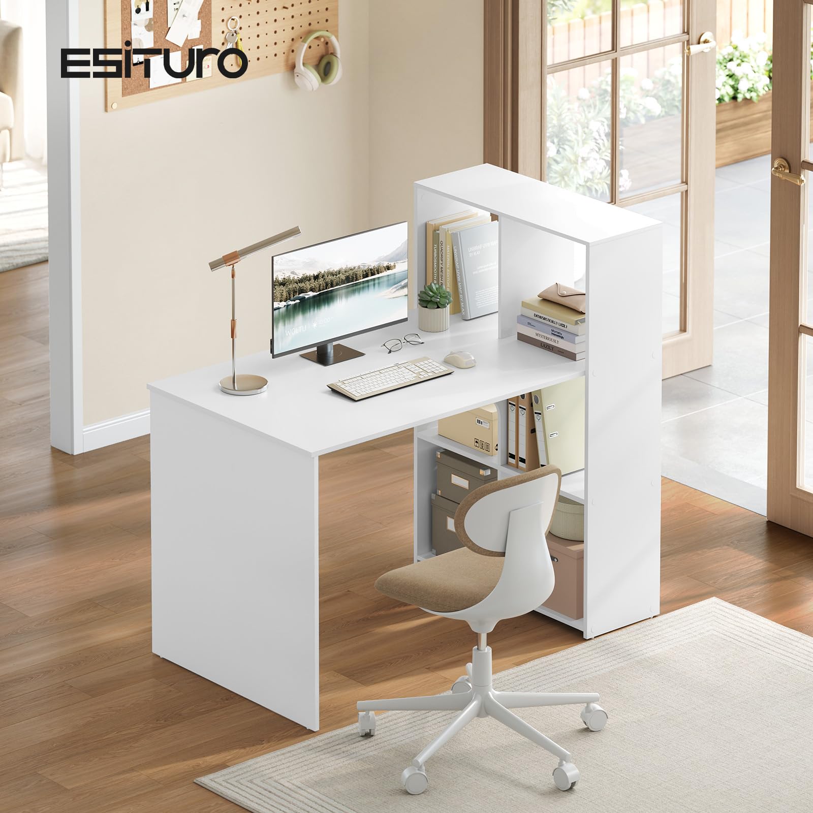 eSituro Escritorio Oficina con Estanterías 120x63x111 cm, 6 Estantes Almacenamiento Estable, Mesa PC para Estudio Dormitorio, Blanco
