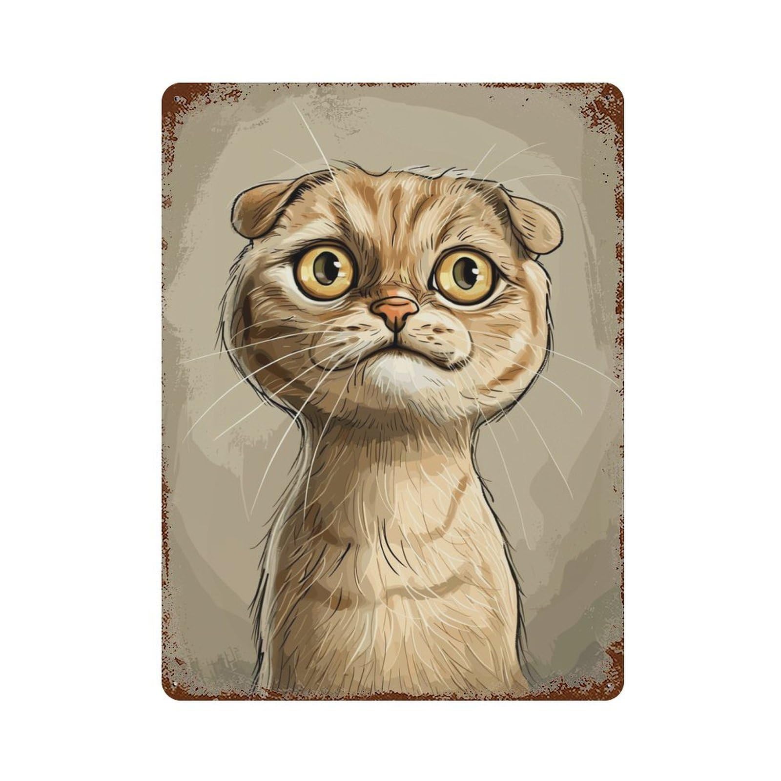 Scottish Fold Caricature 15.7"x11.8" Aged Metal Wall Plaque, Retro Wall Decor for Farmhouse, Kitchen And Entryway Decor