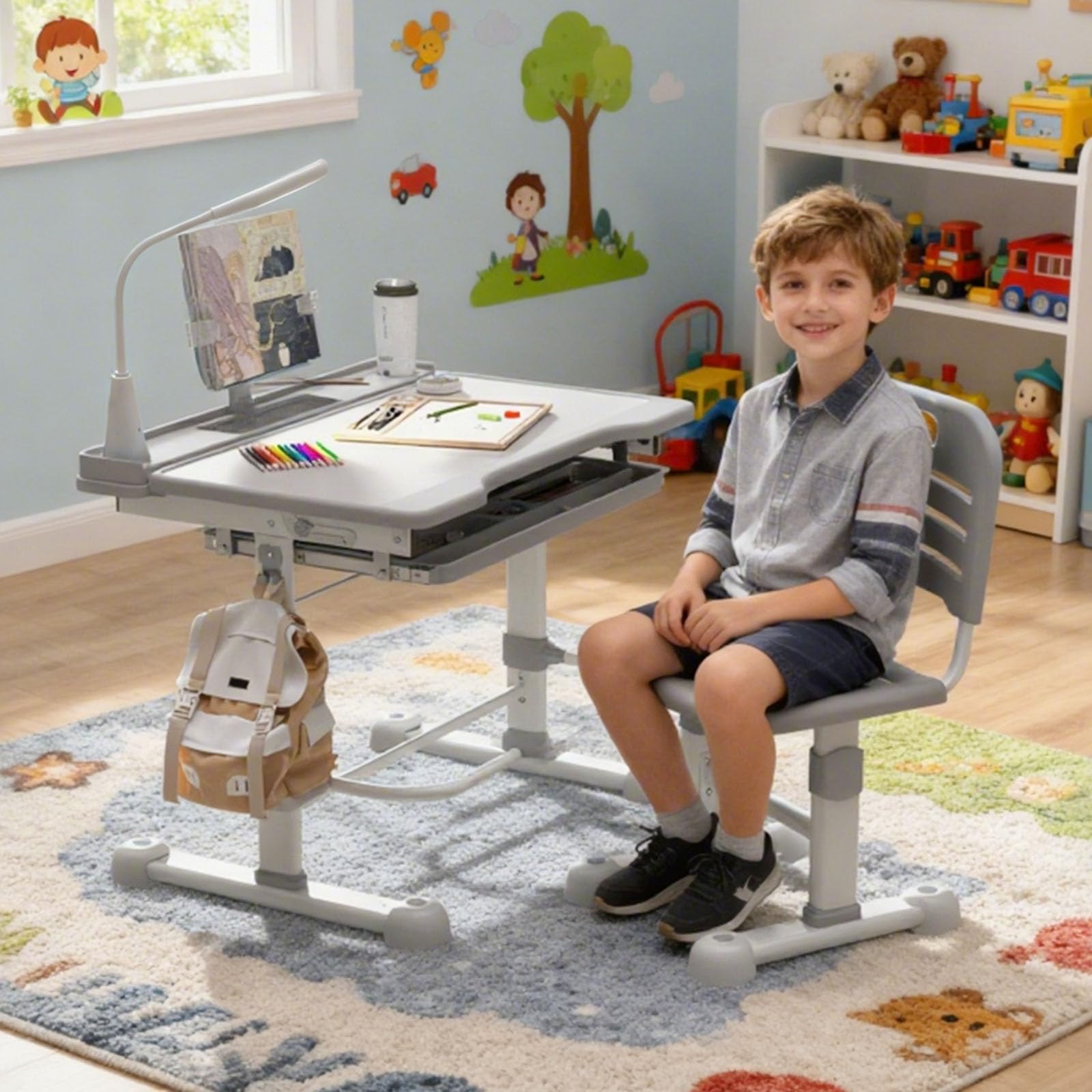 YLGJ&TIDY Schreibtisch Kinder, Kinderschreibtisch und Stuhl Set, Höhenverstellbar Kinderschreibtisch für Kinder 3-12 Jahre, Mehrfunktional Kinderschreibtisch mit, Aufbewahrung, Malen & Lesen (Grau)