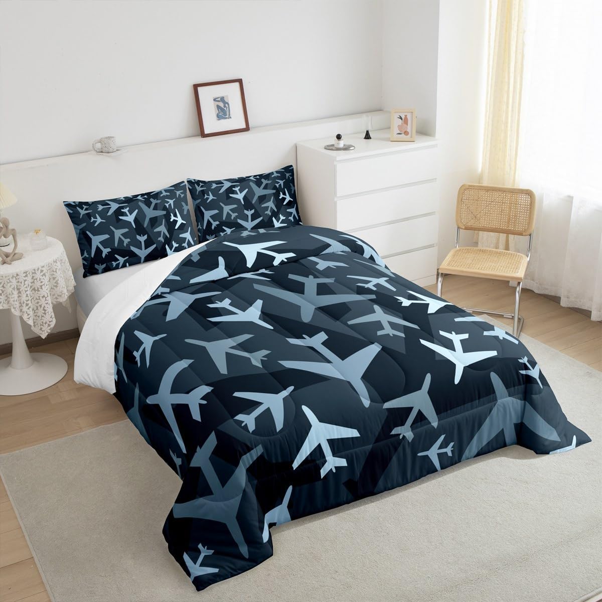 Camo Airplane Comforter Set Queen,Cartoon Airplane Pattern Bedding Set 3pcs for Kids Boys Teens Room Decor,Camouflage Grey Black Down Comforter Soft Microfiber Duvet Insert with 2 Pillowcases