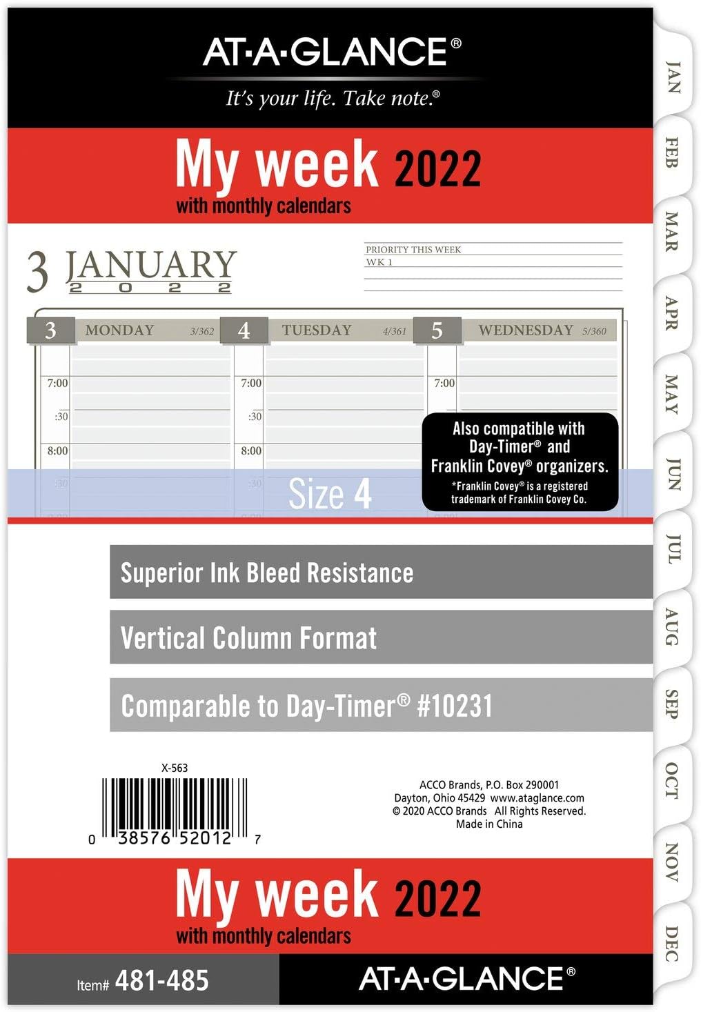 2022 Weekly & Monthly Planner Refill by AT-A-GLANCE, 10231 Day-Timer, 5-1/2" x 8-1/2", Size 4, Desk Size, Column-Style