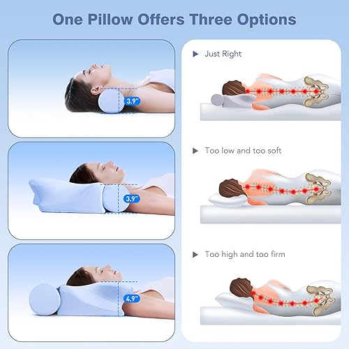Miniatura 5 de Almohada cervical 2 en 1 para aliviar el dolor de cuello, almohadas de espuma viscoelástica, almohada de contorno con funda de almohada refrescante