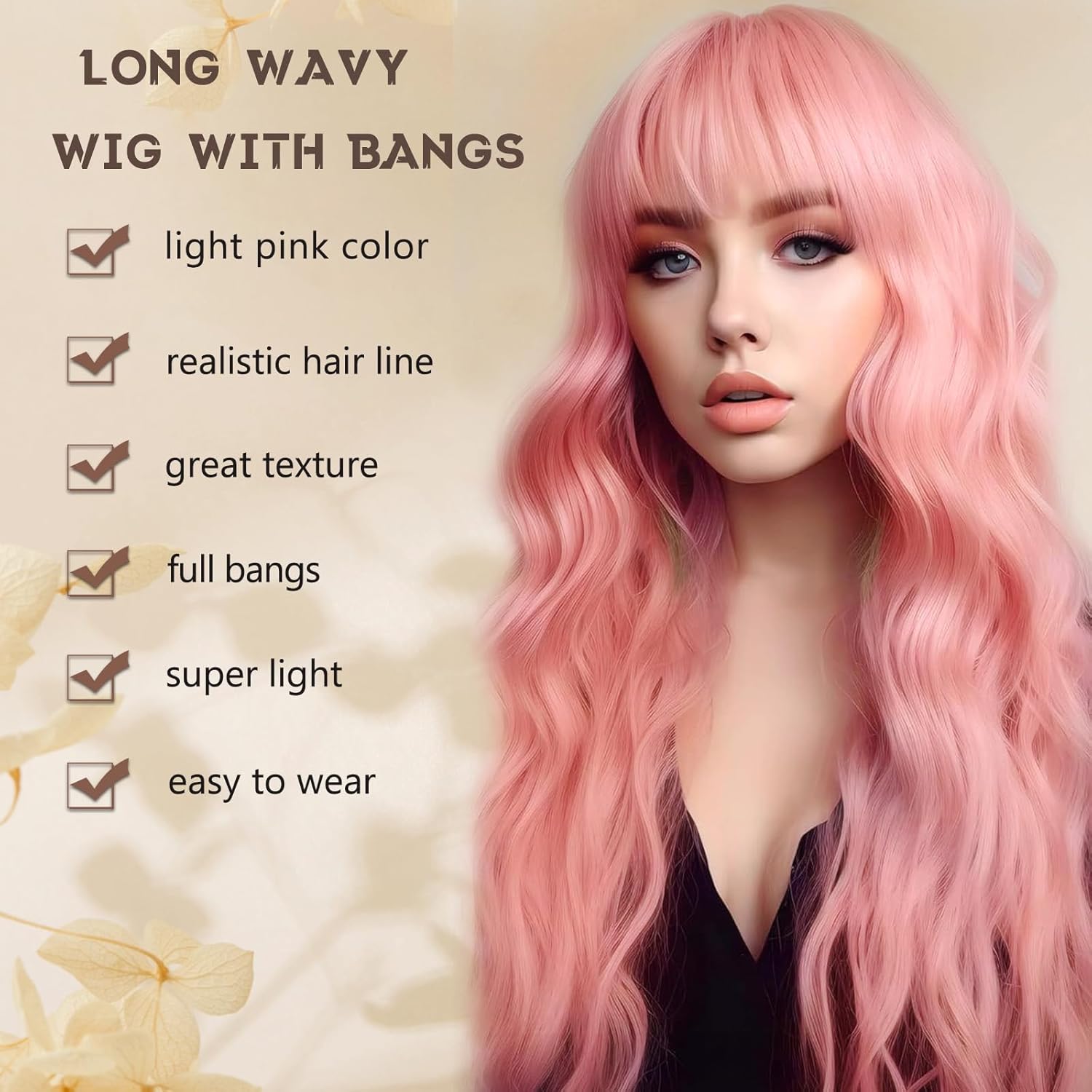Pink Wig with Bangs for Women Long Pink Wavy Wigs 26 Inch Natural Looking Heat Resistant Synthetic Wig for Daily Party Use - Image 2