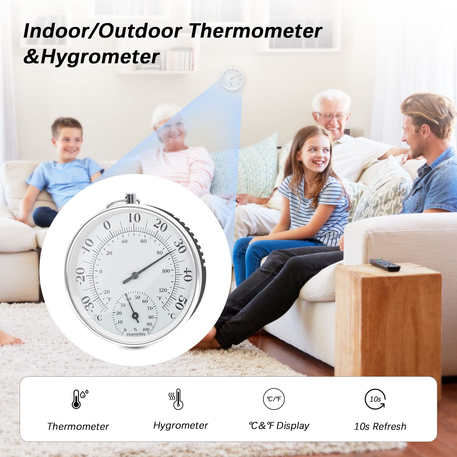 DIFCUL termometro igrometro Termometro per esterno, Termometro e igrometro senza fili, Termoigrometro Analogico per interni ed esterni, adatto per nel giardino, in auto, la casa, in serra