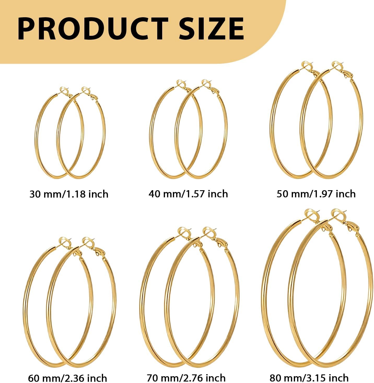 6 Pairs Gold Hoop Earrings, Stainless Steel Hoop Earrings Set for Men and Women (30 mm, 40 mm, 50 mm, 60 mm, 70 mm, 80 mm) image 2