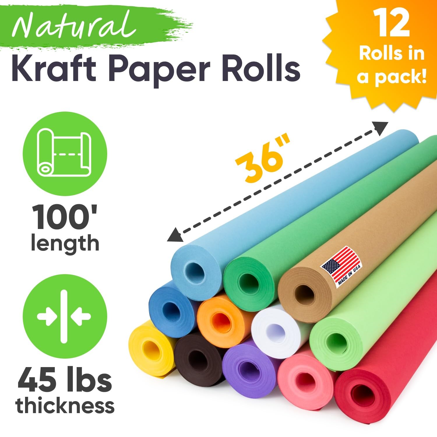 Mehrfarbiges Kraftpapier, 91,4 x 3048 cm, Set mit 12 Collors, 12 Rollen Bastelpapier, Papier für Kunst und Handwerk, Papierrollen für Schulkunst, Umzugspapier