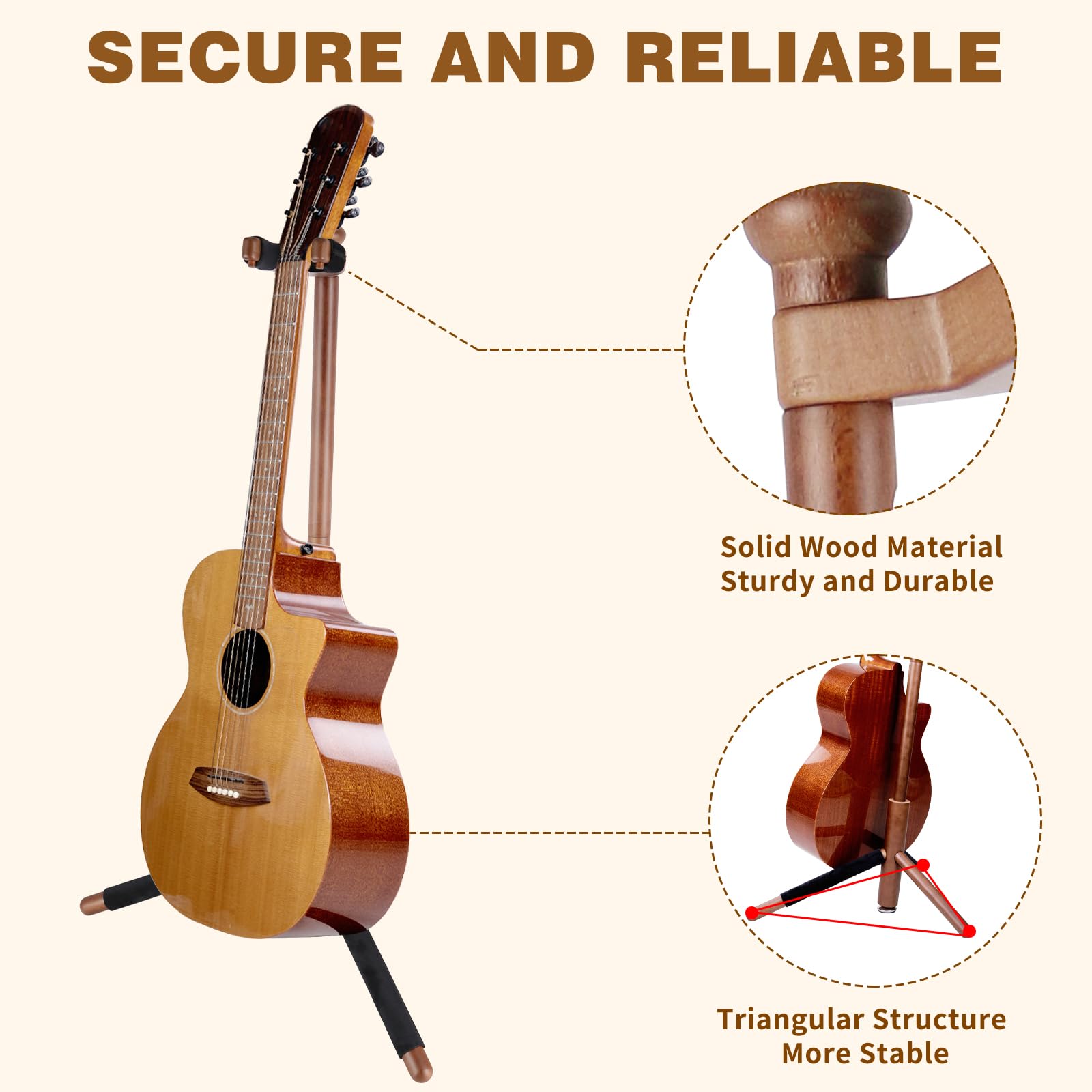 EASTROCK Supporto per Chitarra, piano per chitarra elettrica, chitarra acustica e basso, tripode in legno massiccio con supporto a collo singolo, design stabile per Home Studio (Noce Color)