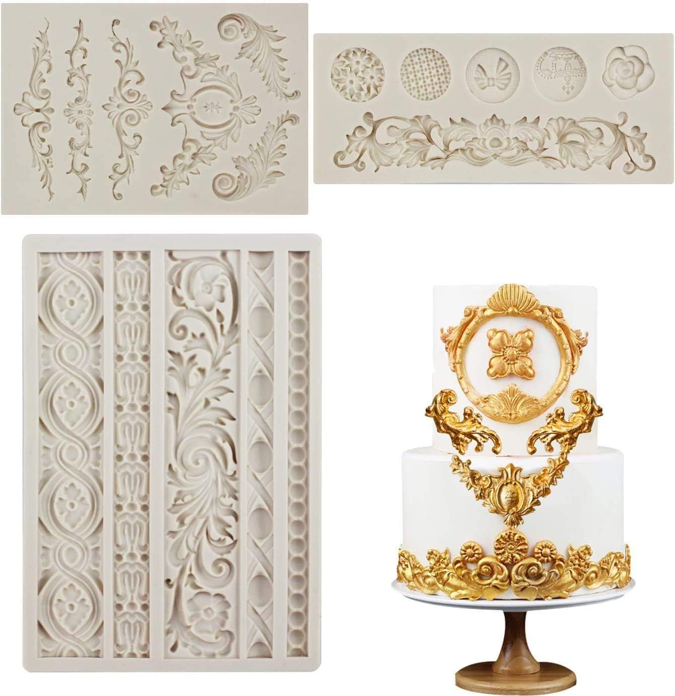 3 Pieces Baroque Fondant Molds Scroll Border Lace Silicone Molds Curlicues Gum Paste Candy Chocolate Molds for Cake Decorating Sugar Craft Polymer Clay