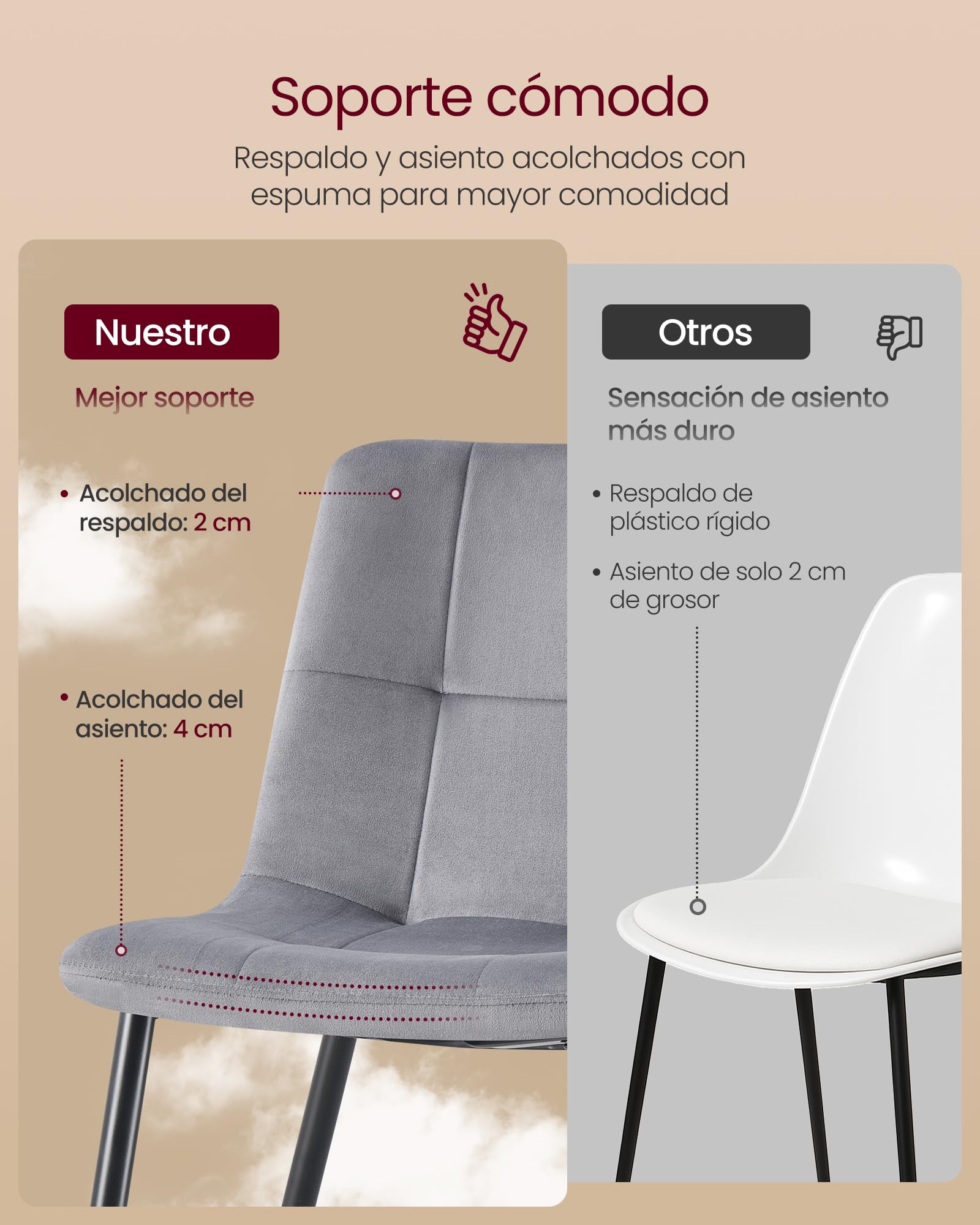 VASAGLE Sillas de Comedor de Terciopelo, Carga 120 kg Cada Una, Sillas de Cocina Acolchadas con Pies Ajustables, Estilo Moderno, para Salón, Juego de 4, Gris Pizarra KDC080GN01