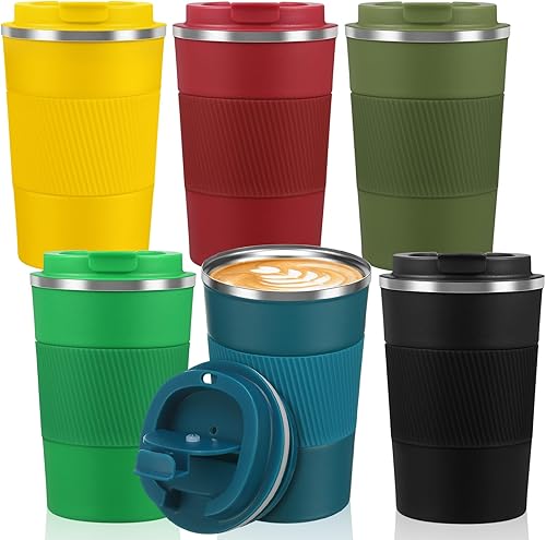 Vista 21 de Foaincore 6 tazas de café de viaje de 12 onzas con tapa, vaso de café a prueba de fugas, taza aislada a granel, taza de acero inoxidable Rojo