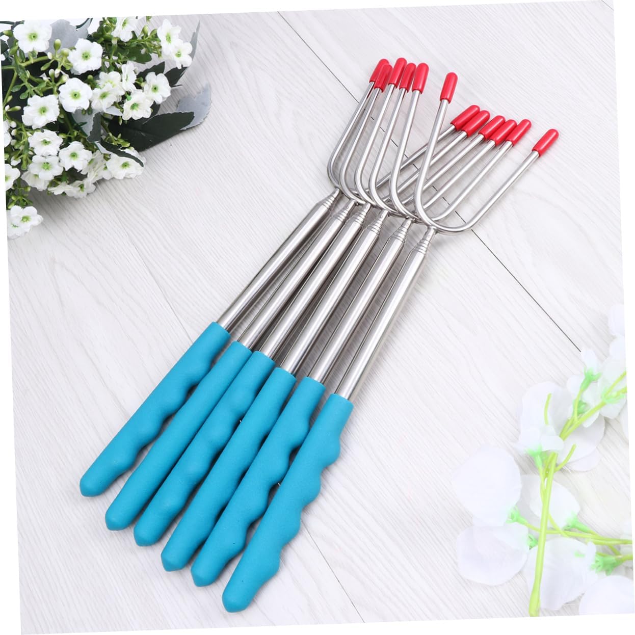SUPVOX 6Pcs Telescoping Roasting Sticks with Non-Slip Silicon Handles Stainless Steel Skewers for BBQ Campfire Cooking Utensils for Camping and Beach Excursions Blue