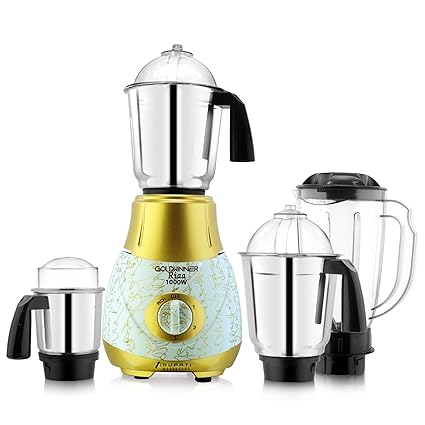 Goldwinner New Excellent Model RIAA 1000-Watts Mixer Grinder with 100% Copper Motor with 3 Heavy Aluminium Base Steel Jars and 1 ABS Juicer Jar(Dry Jar, Chutney Jar, Liquid, Juicer Jar) Gold-White