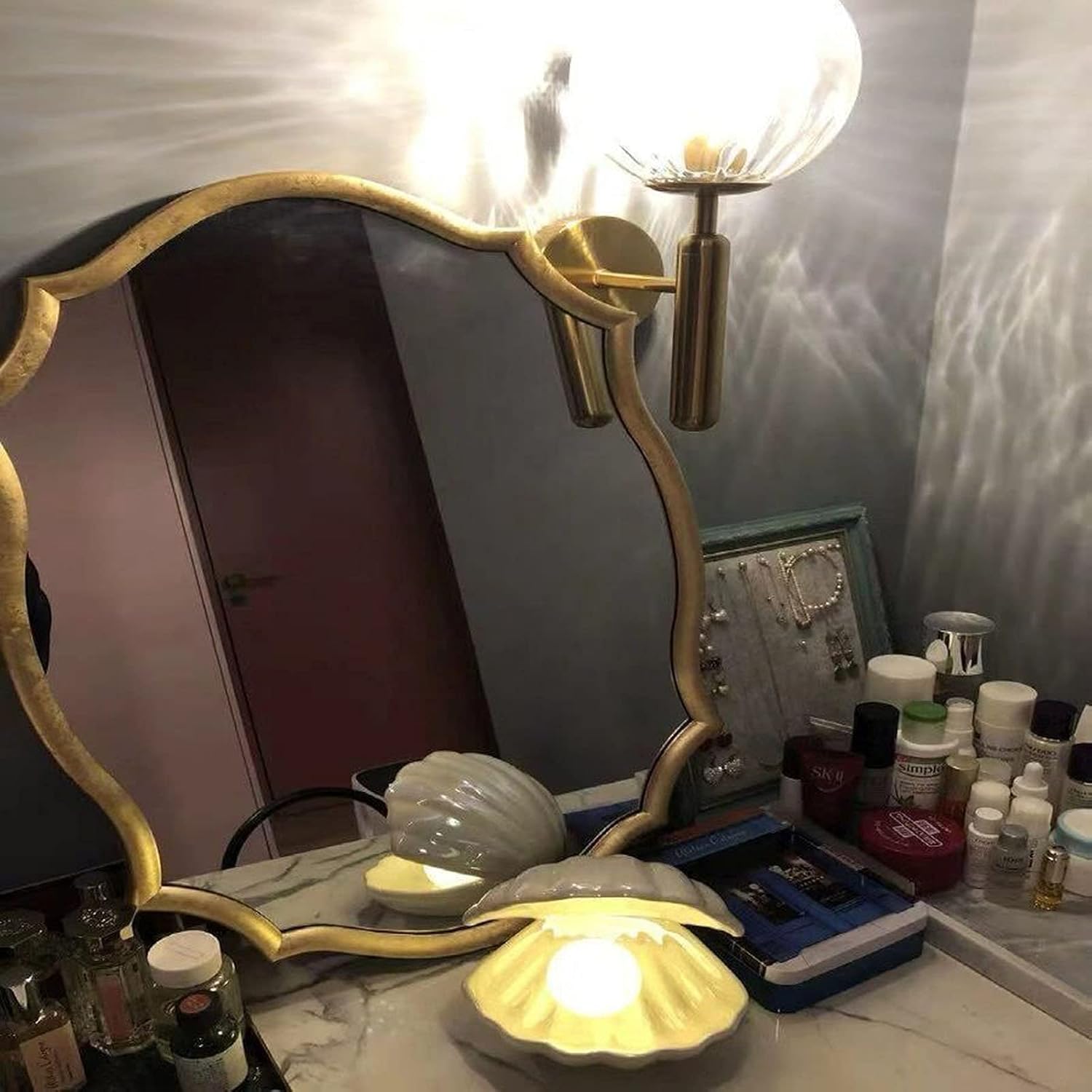 BinaryABC Ceramics Shell Pearl Light Led Lamp Portable Night Light Tabletop Light,Christmas Gift(White)