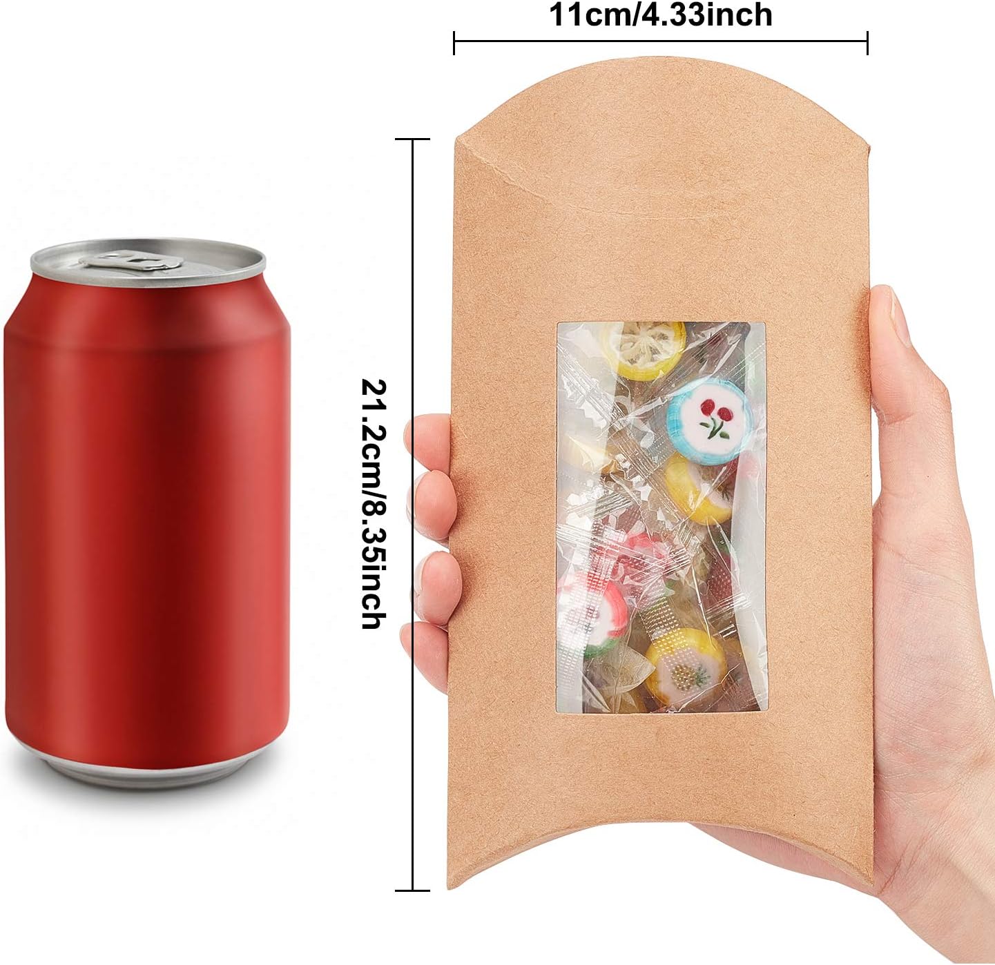 BENECREAT 20pcs 13.9x10x3.8cm Brown Kraft Paper Pillow Boxes with Clear Window - Image 5