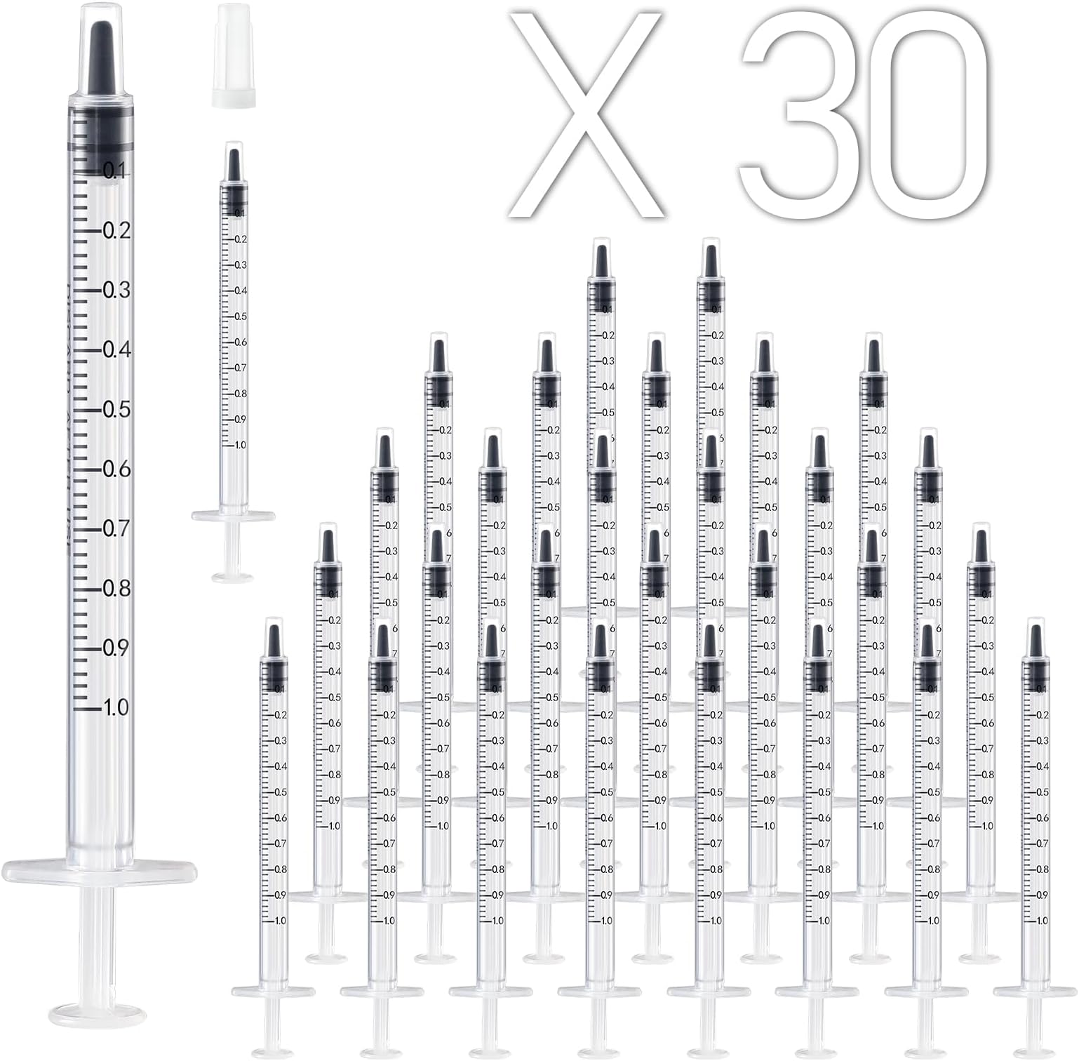 30 Pack 1ml Plastic Syringe with Cap, Sterile and Individually Sealed for Measuring, Watering, Refilling, Feeding Pets, Scientific Labs, Oil or Glue Applicator