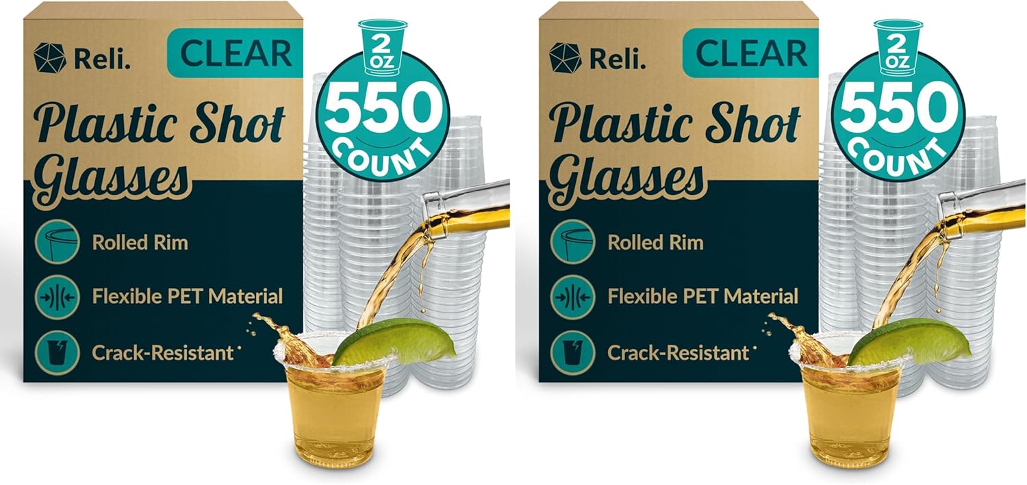 Reli. (550 Count 2 oz Plastic Shot Glasses Disposable | Clear Jello Shot Cups | Mini Plastic Cups for Party, Sauces, Samples | BPA Free, Shatterproof, 1oz Mini Glasses Disposable (Pack of 2)