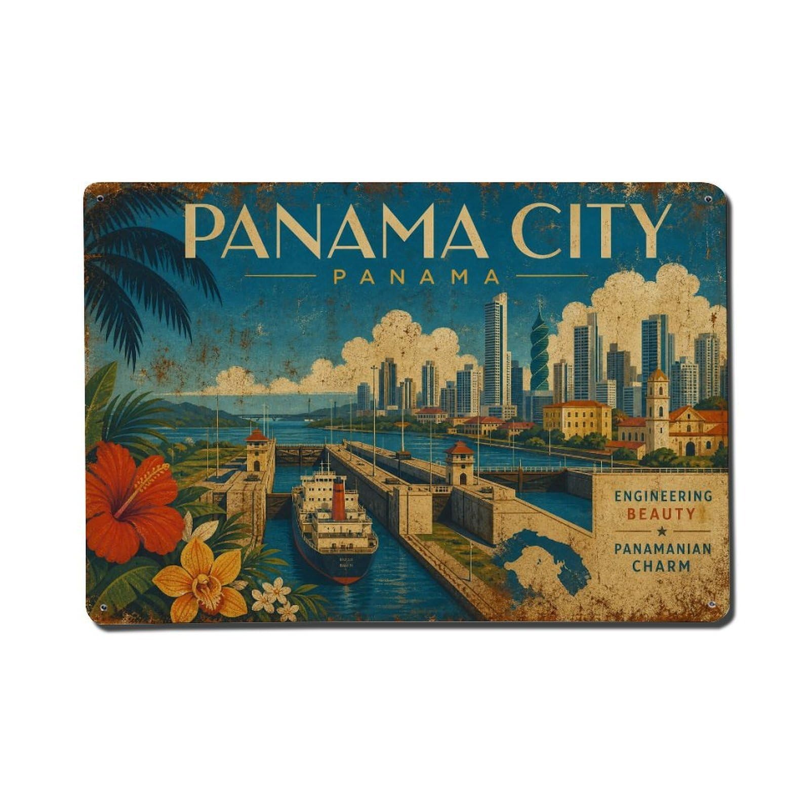 Huiyhb 8X12inch(20X30cm) Travel Retro Panama Panama City Metal Tin Sign