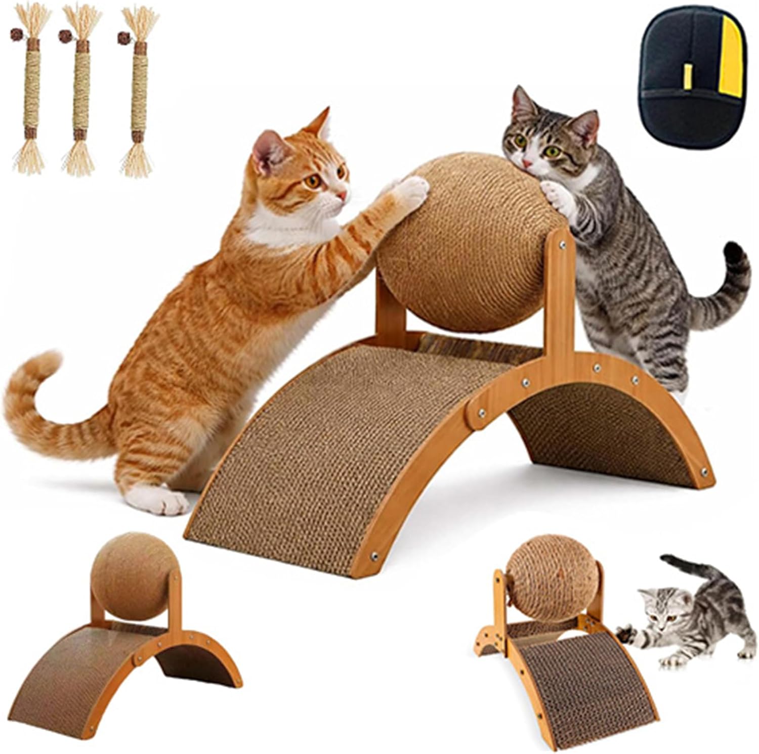 Cat Scratching Ball on Stand, Solid Wood Interactive Cat Scratcher with 360° Rotating Natural Sisal Ball, Solid Wood Slanted Cat Scratching Board Design, for Indoor Cat Kittens (Large)