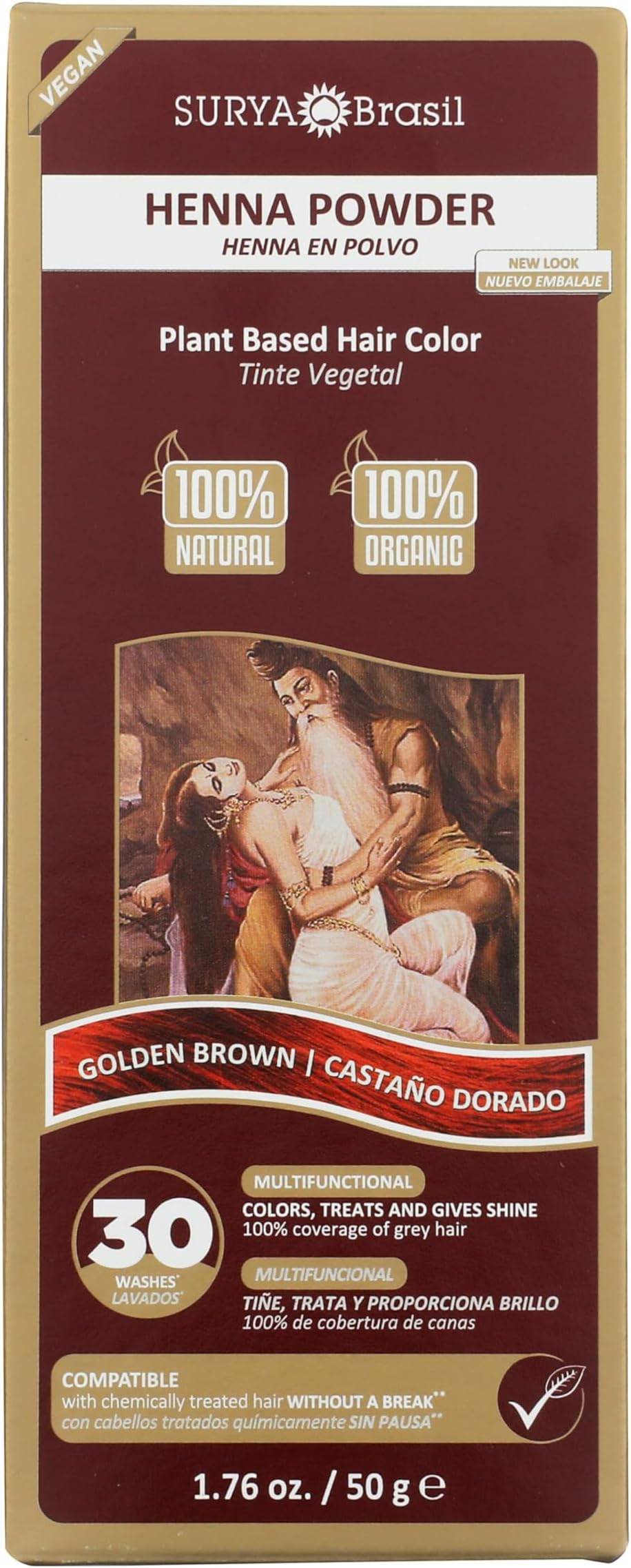 Henna Powder for Hair Color and Treatment, Semi Permanent Henna Hair Color for Gray Hair Coverage, Easy to Apply Natural Hair Dye, Golden Brown, 1.76 oz. / 50 g