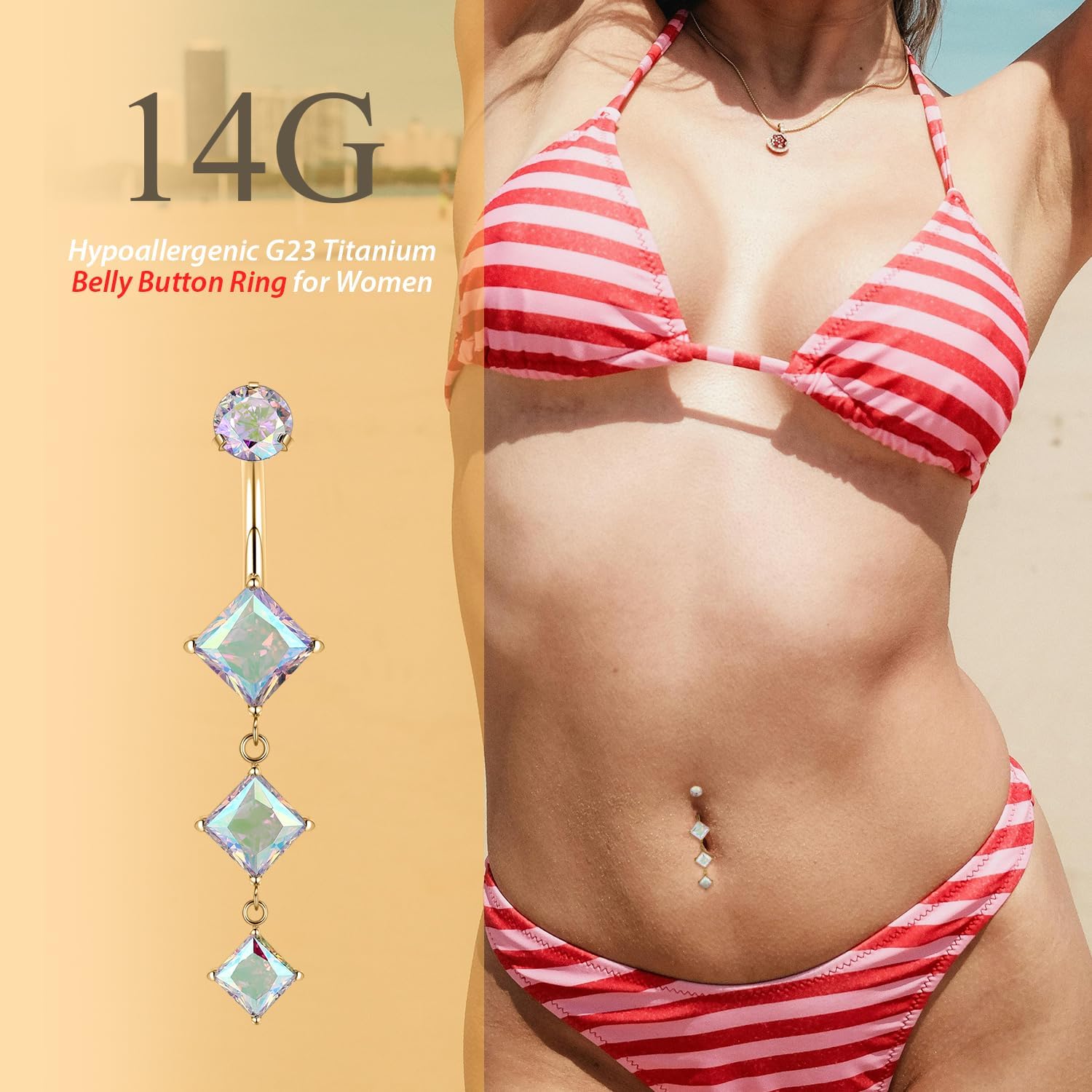 FUNLMO Dangle Belly Button Ring Titanium Belly Rings Belly Button Piercing Cube Zircon Internally Threaded Floating Navel Piercing Jewelry 14G 10mm - Image 5