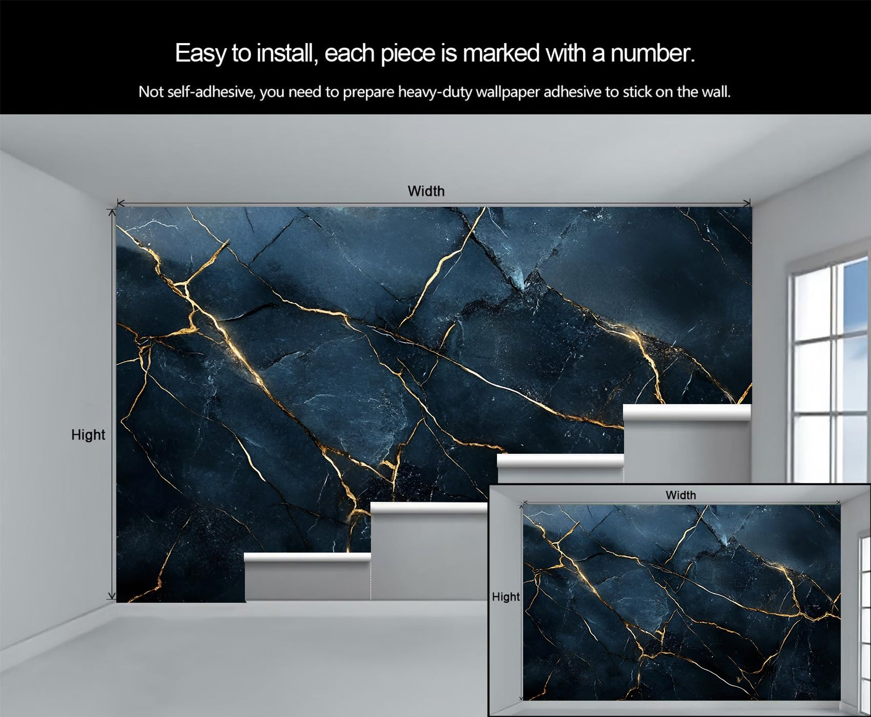 Generisch Light Luxury Wallpaper, Blue Gold Crack Marble Large Wallpaper for Living Room, Contemporary Marble Texture 200x200cm (Not Peel n' Stick)