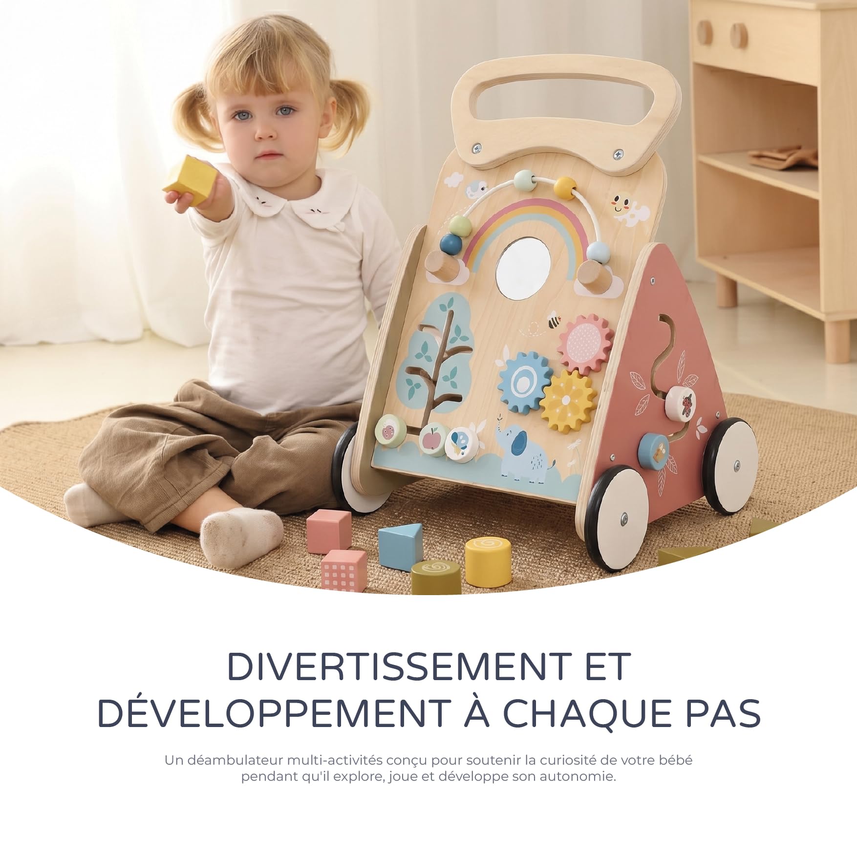 MS Montessori MIMO - Trotteur en bois pour bébé | Chariot de marche avec jouets et activités pour les premiers pas | Déambulateur bébé +12 mois
