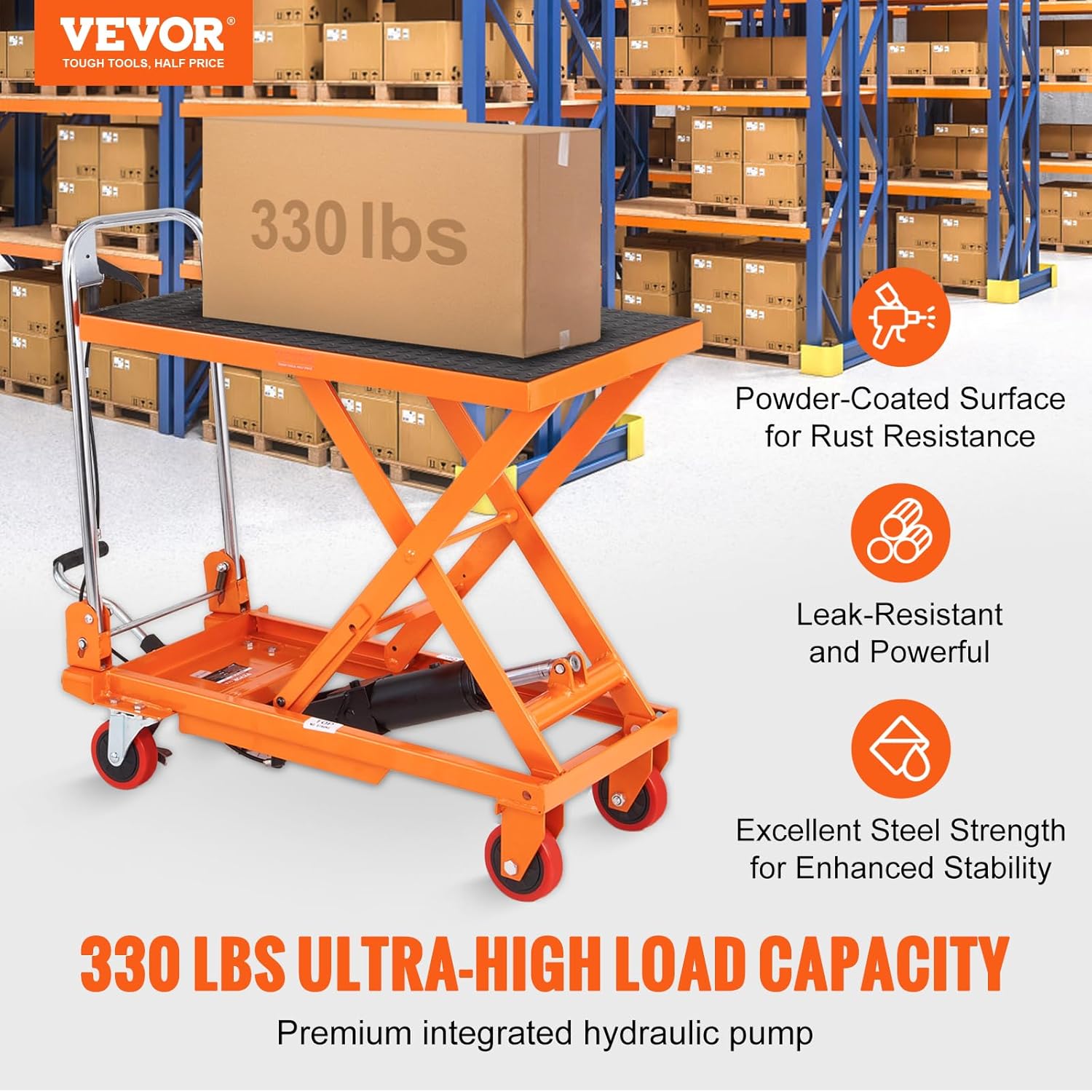 vevor tf15 hydraulic lift table cart, 330lbs capacity 28.5" with 4 wheels and non-slip pad, for material handling and transportation, orange orange 330lbs single scissor