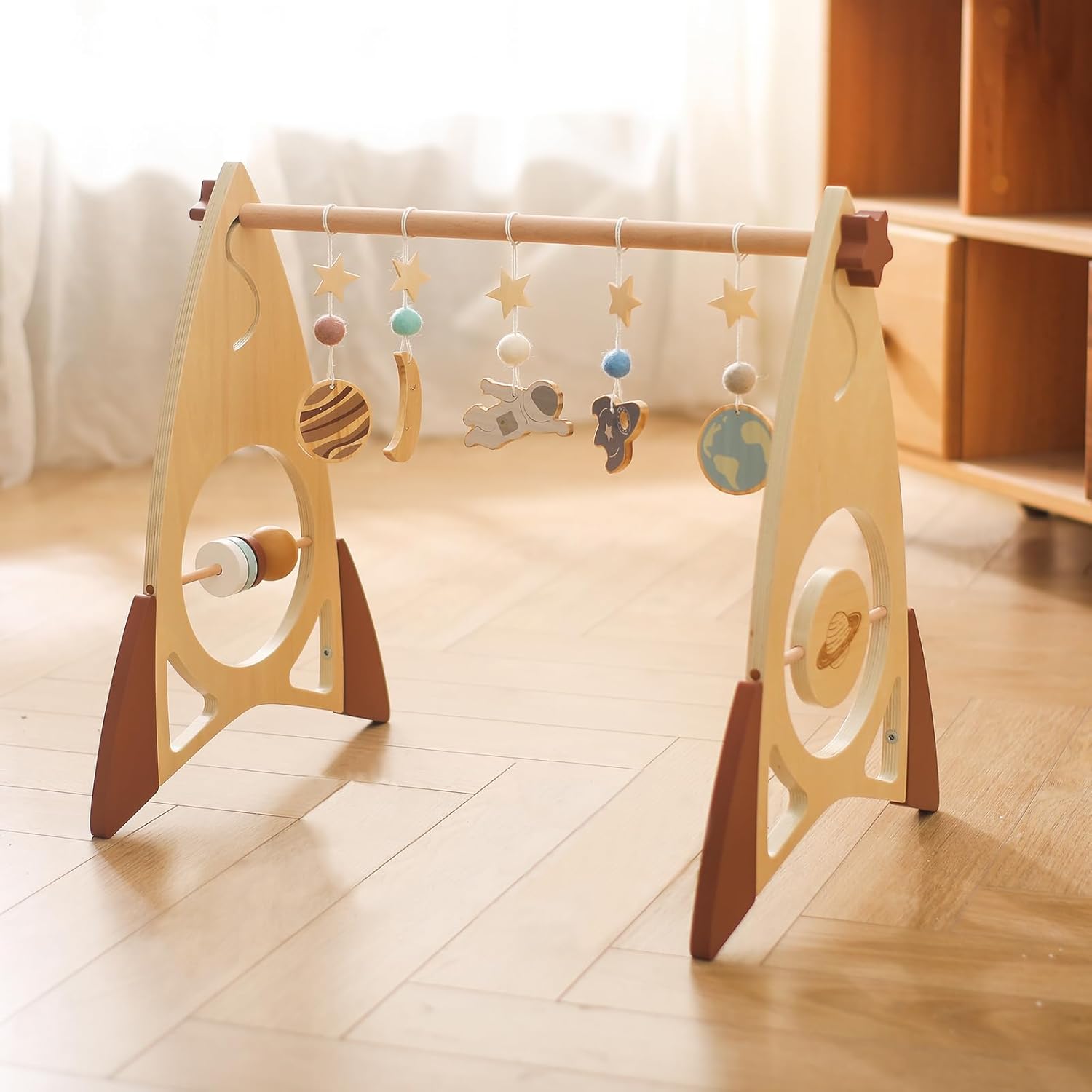 Wooden Baby Gym with 5 Wooden Baby Toys Collapsible Baby