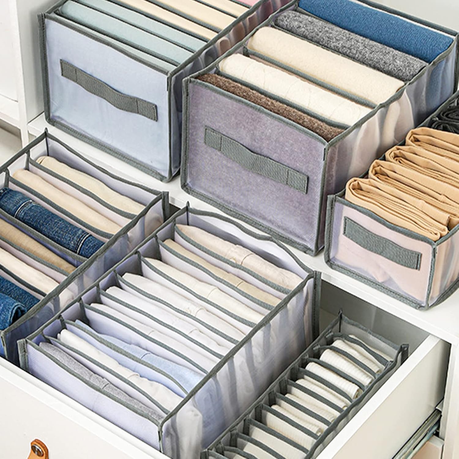 Closet Organizer Wardrobe 5PCS Washable Clothes Organizer Visible Foldable Storage Boxes Drawer Mesh Separation Box for Home T-Shirt Jeans Socks Panty 5/7/7/9/12 Grids