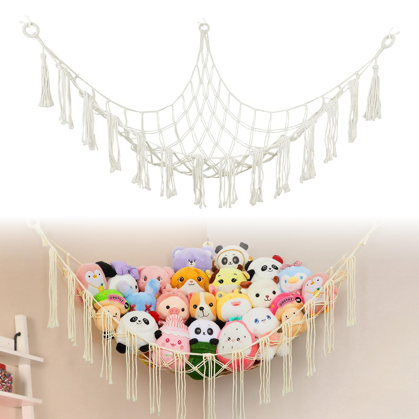 technodry Toy Hammocks - Corner Toy Storage Net for Stuffed Animals,Teddy Toy Storage Boho Style Hanging Organizer Holder for Kids Bedroom and Playroom, Beige