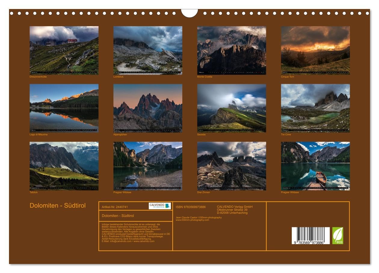 CALVENDO - Dolomiten - Südtirol (Wandkalender 2027 DIN A3 quer), Monatskalender: Die Dolomiten - Faszinierende Landschaften in Südtirol