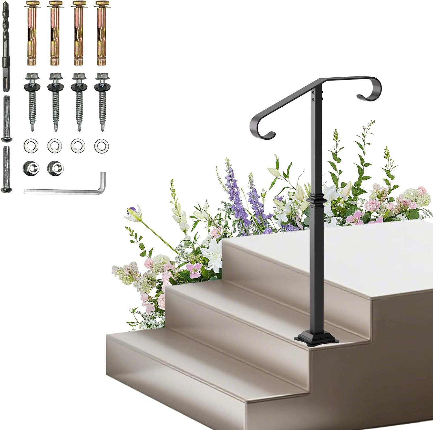 Handrail for Outdoor Step-1-2 Step Stair Railing-Heavy-Duty Metal Railings for Seniors-Powder Coated Single Post Handrail-38 H Wrought Iron Railing for Concrete/Wood Porch/Deck/Indoor Outdoor Stair 1-2 Step Style2