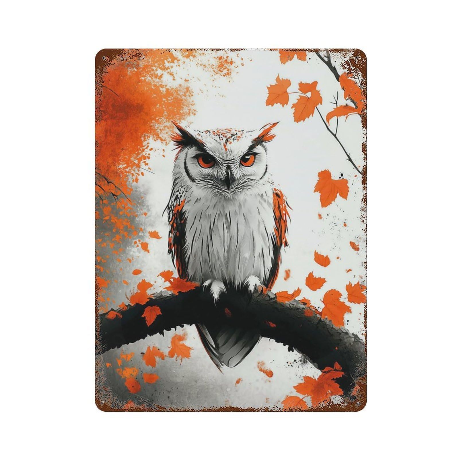 Garage Style Owl Perched on Branch with Orange Leaves Distressed Metal Wall Sign 15.7"x11.8", Rustic Home Decor for Bar And Workshop