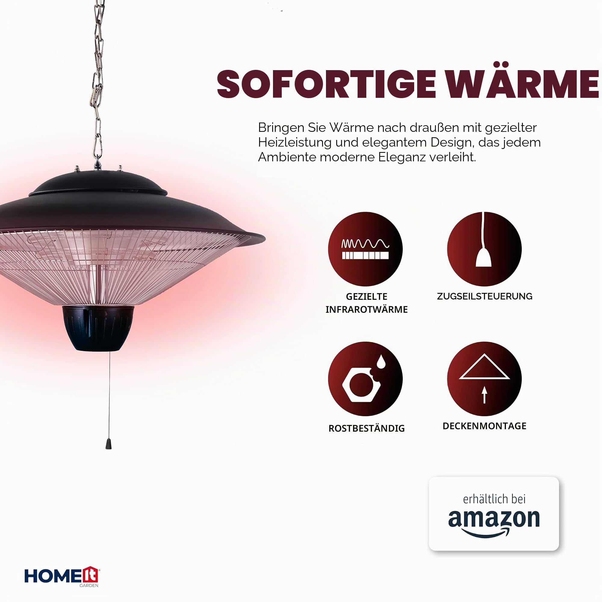 HOME It® Hängender Infrarot-Terrassenheizer – 2 Halogenröhren, 750/1500W, Schnurzugsteuerung, IP34 Spritzwassergeschützt, Aluminiumgehäuse, 500mm Durchmesser, Schwarz