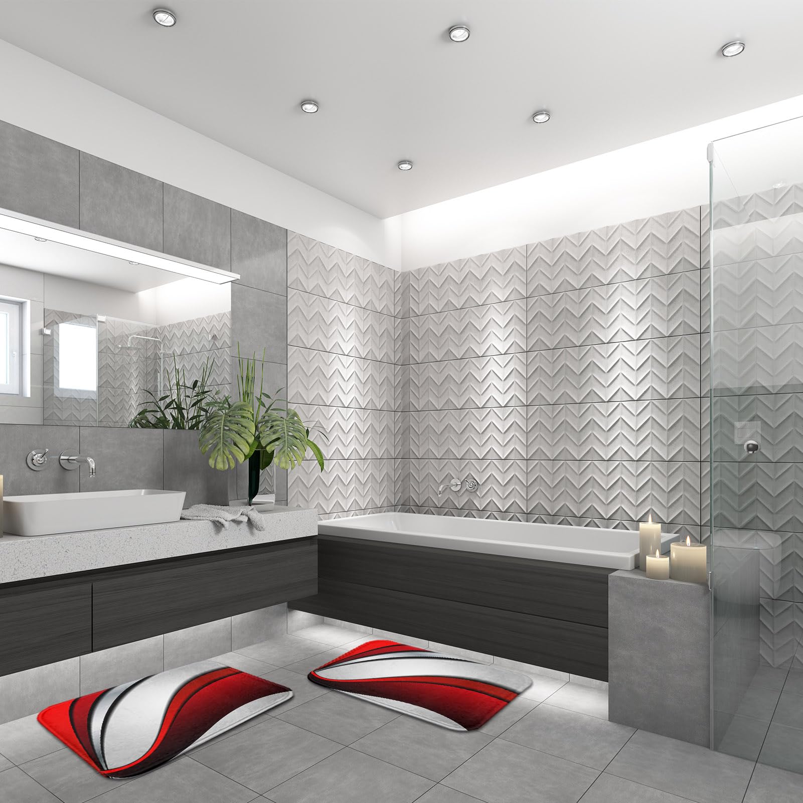Britimes Lot de 2 tapis de salle de bain modernes - Motif abstrait - Rouge et gris - Lavable - Tapis de sol - Décoration de salle de bain - 40,6 x 61 cm et 50,8 x 81,3 cm
