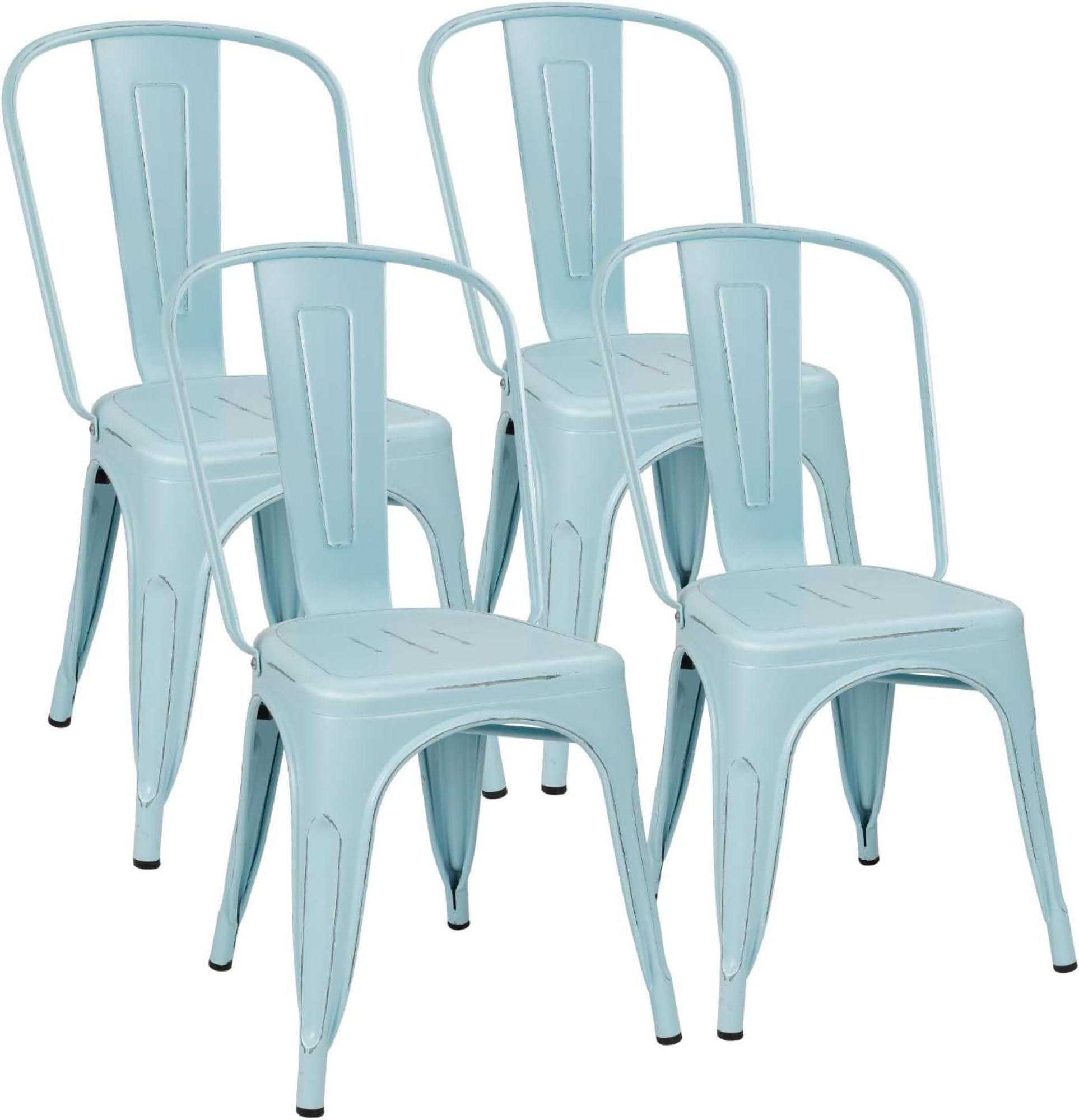Metal Dining Chairs Indoor-Outdoor Use Stackable Side Chairs with Back Industrial Kitchen Classic Trattoria Chair Set of 4 (Distressed Blue)