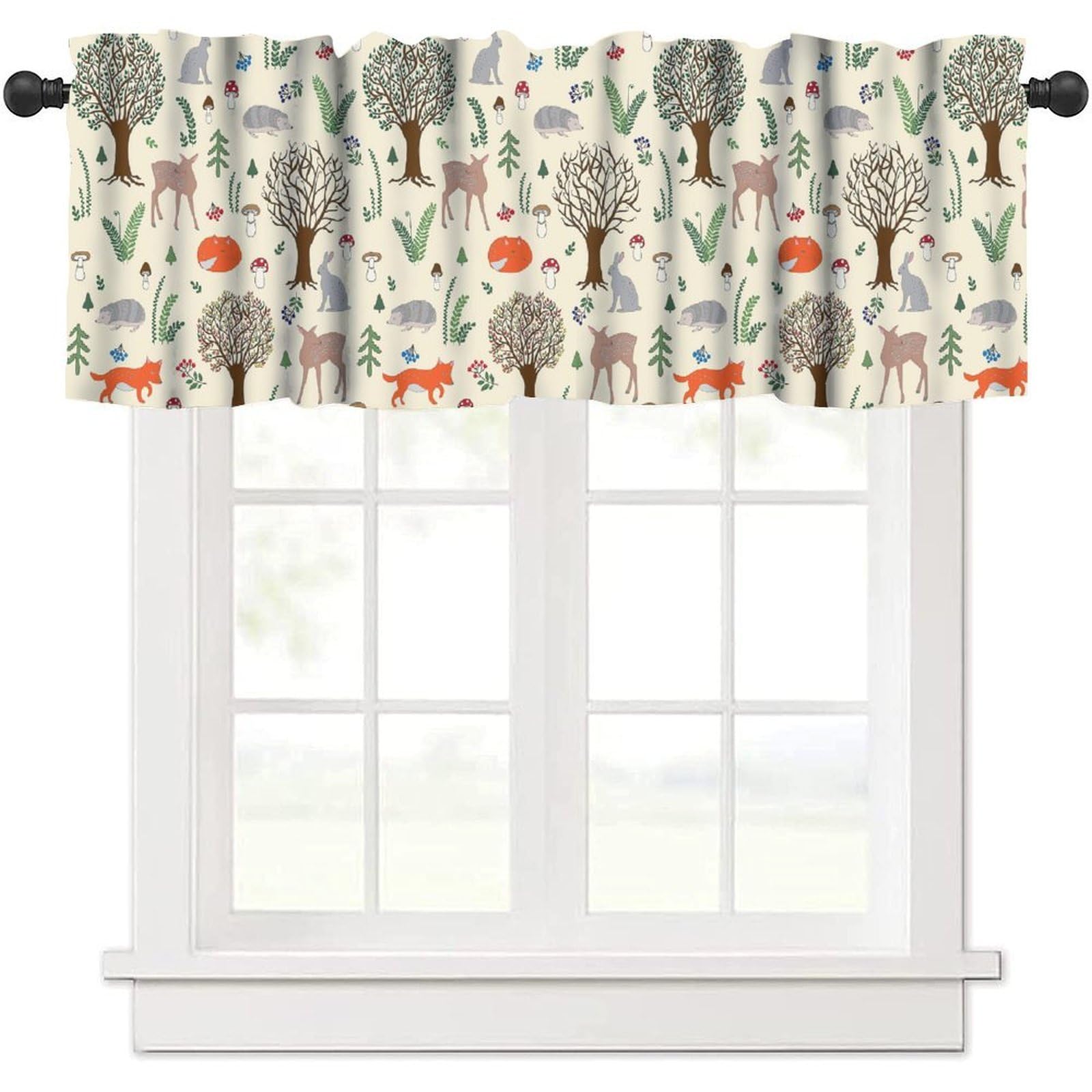 moderw Forest Animal Valance Curtain Rustic Cute Wildlife Fox Deer Hedgehog Farmhouse Woodland Window Treatment Valance for Kids Girls Boys Bedroom Living Room 54x18inch
