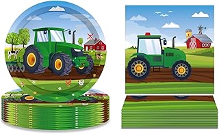 Farm Green Tractor Party Plates and Napkins Serves 24 Gusets 64 Pcs Tractor Birthday Party Supplies Tractor Party Paper Plates, Tractor Party Napkins for Green Farm Tractor Themed Birthday Party