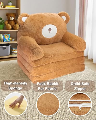Miniatura 3 de Silla para niños pequeños sillas para niños 2 en 1, cómodo sofá plegable para niñas y niños de 1 a 3 años, oso marrón