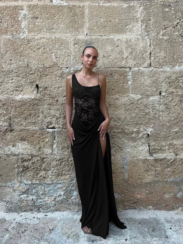 Vestido Mujer de Un Hombro con Encaje Transparente Elegante Maxi Vestidos de Fiesta Sexy Vestido Largo sin Mangas con Tirantes Finos y Abertura Alta Ajustado Vestidos para Bodas Cóctel Club