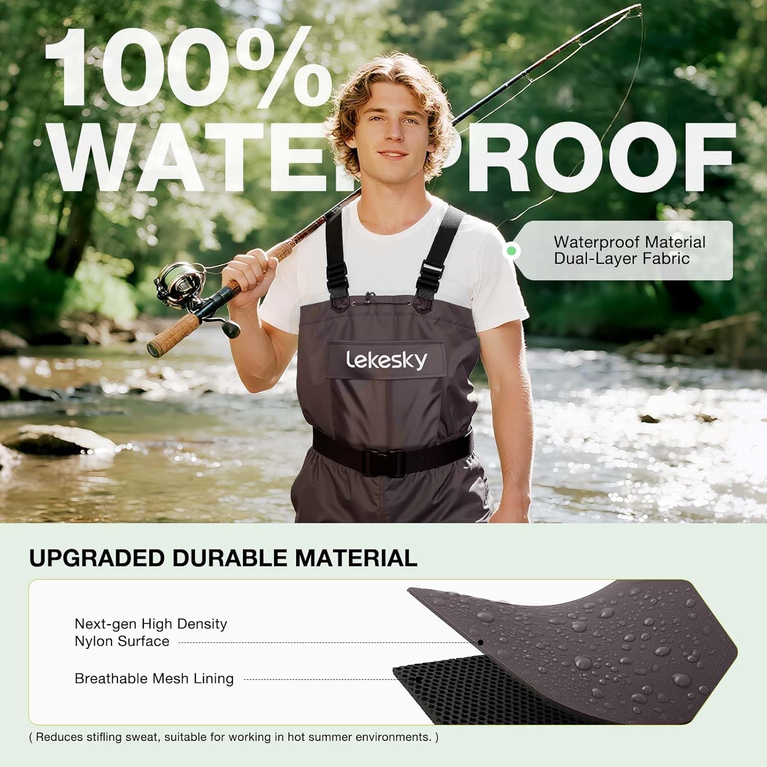 Lekesky Unisex Fishing Waders 2-Ply Nylon/PVC Chest Waders for Men, Waterproof Fishing Hunting Waders