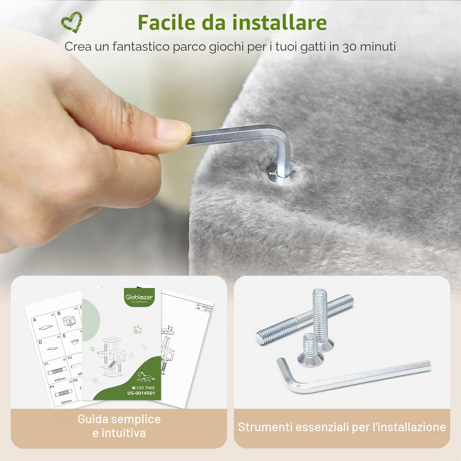 Globlazer Tiragraffi per Gatti con Grandi Grotte Cesto Imbottiti Piattaforma Rampa Graffiatura Sisal Peluche Giocattoli, Stabile Albero Tiragraffi Alto 116 cm per Gatti Grandi (S45, Grigio Chiaro)