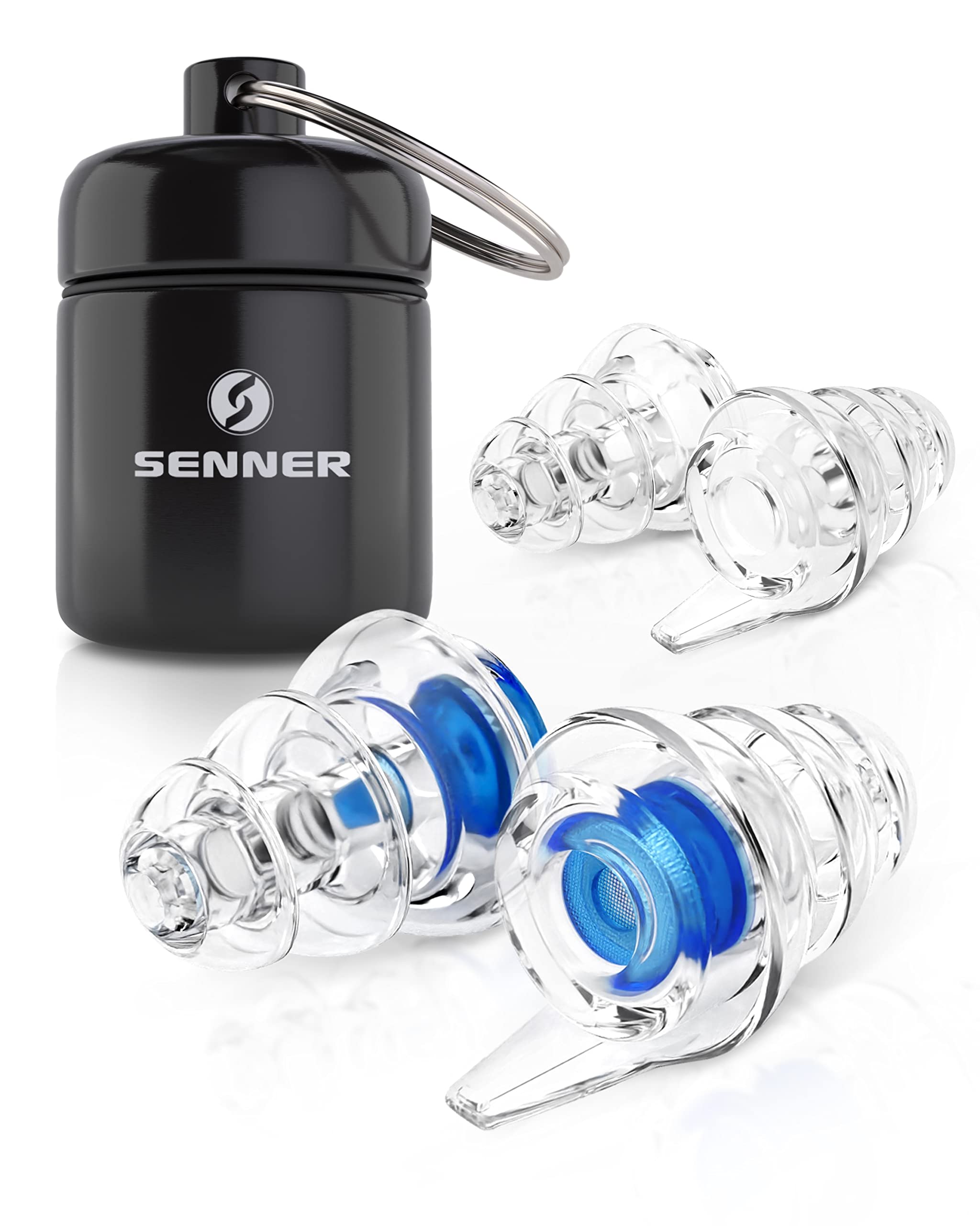 Senner MusicPro tappi per orecchie antirumore a protezione dell’udito con contenitore in alluminio. Ideali per musica, concerti, discoteca e festival (Ampia bottiglia nera Filtro blu)