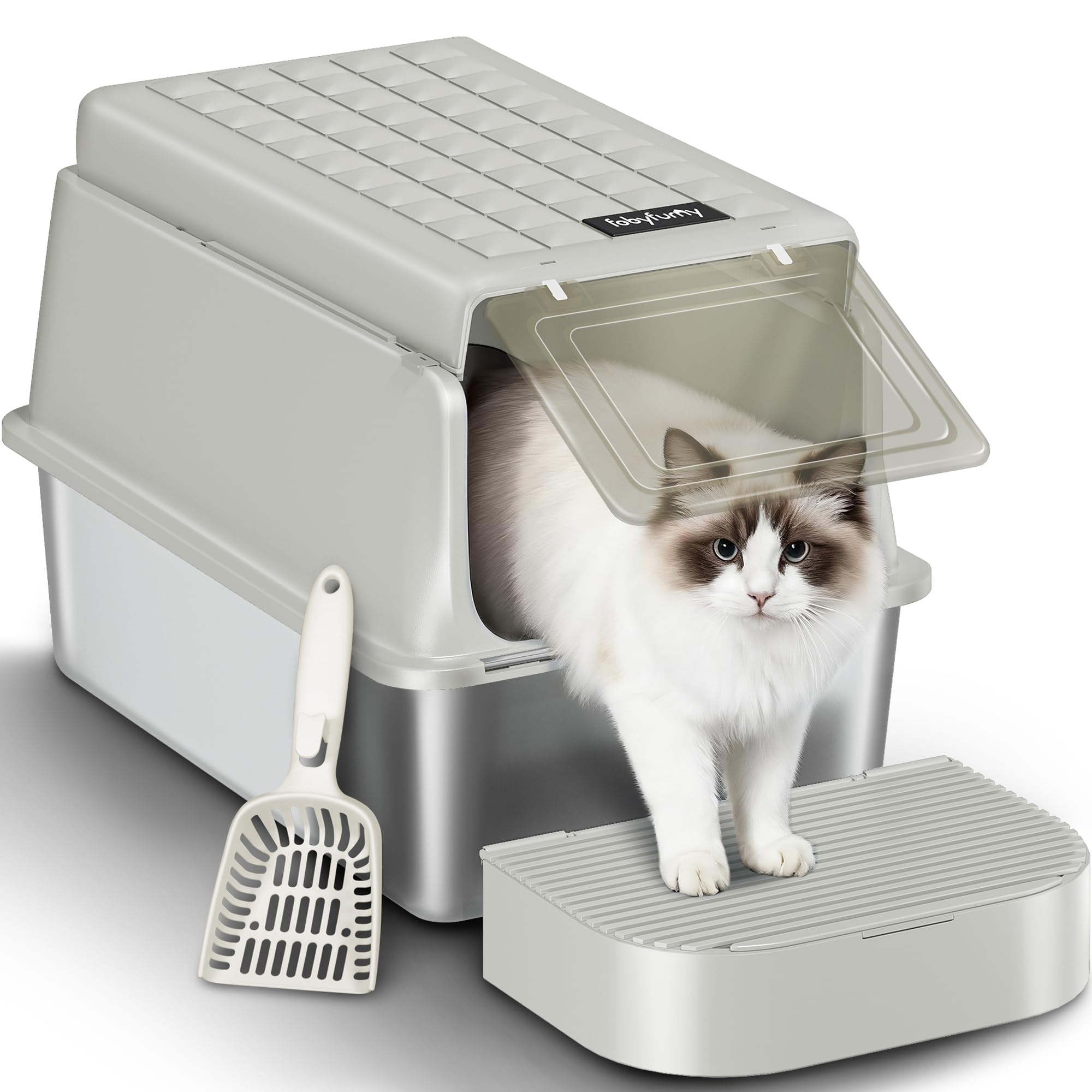 Fobyfurny Lettiera Acciaio Inox Chiusa con Coperchio, Lettiera Gatto Acciaio Inox XXL, con Paletta e Pedana, Rimovibile, Coperchio Incernierato a 120°, Facile da Pulire, Grigio Crema, FPLB001SG1