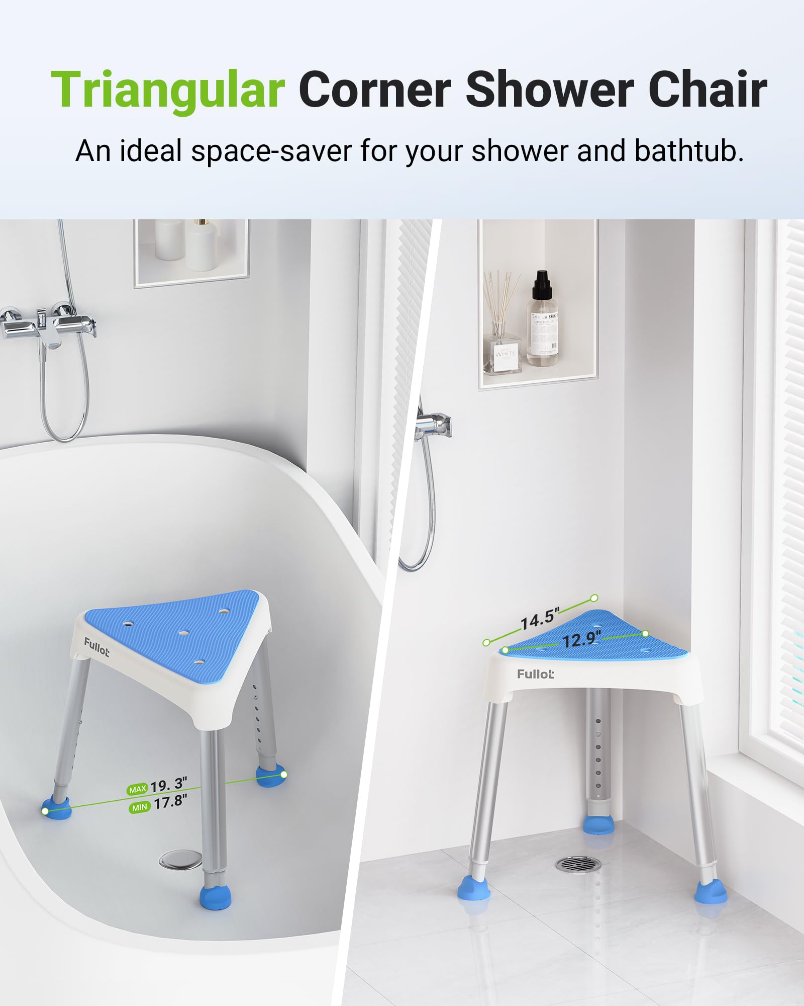 FULLOT Silla de ducha triangular que ahorra espacio para ancianos y discapacitados, asiento de ducha ajustable de 400 libras con soporte estable, silla de bañera antideslizante, montaje sin