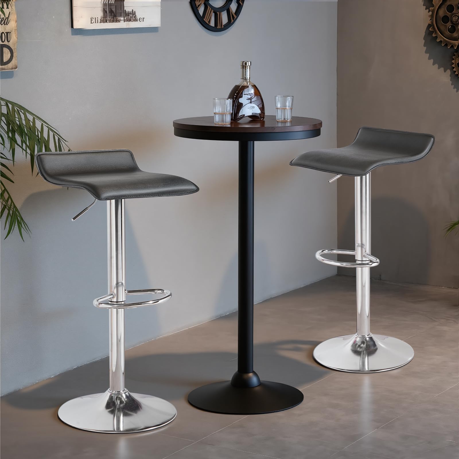 Panana Lot de 2 Tabourets de Bar, Chaises Haut, Hauteur Réglable, Revêtement en PU, Rotatif sur 360°, avec Dossier et Repose-Pieds, Pied Chromé, 39 cm (L) x 40 cm (l) x 67-87 cm (H) (Noir)
