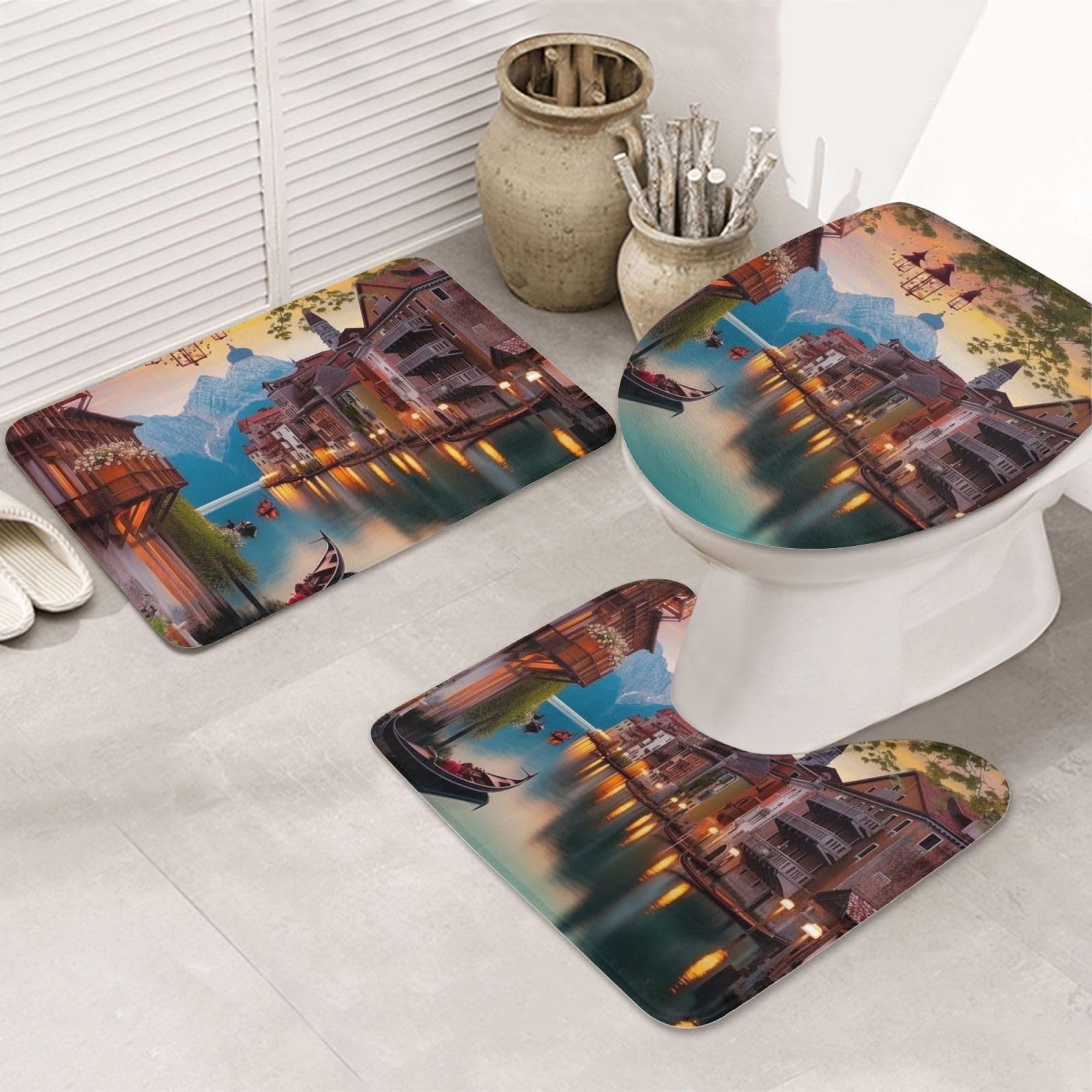 Tapis de bain antidérapants lot de 3 avec contour WC en U et couvre-siège flanelle Beautiful Places